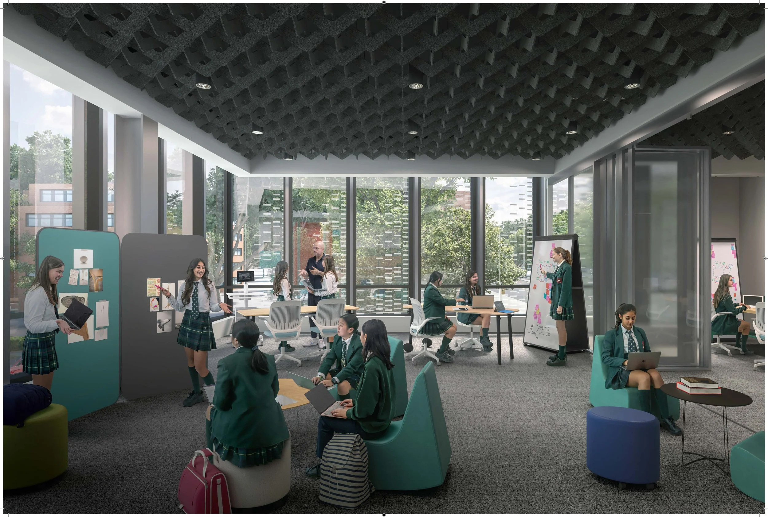 Students in a modern classroom with large windows, sitting on colorful chairs, some working on laptops or tablets, while others are engaged in discussions; a teacher is teaching at the whiteboard with sticky notes and drawings, and various educational displays and furniture are visible.