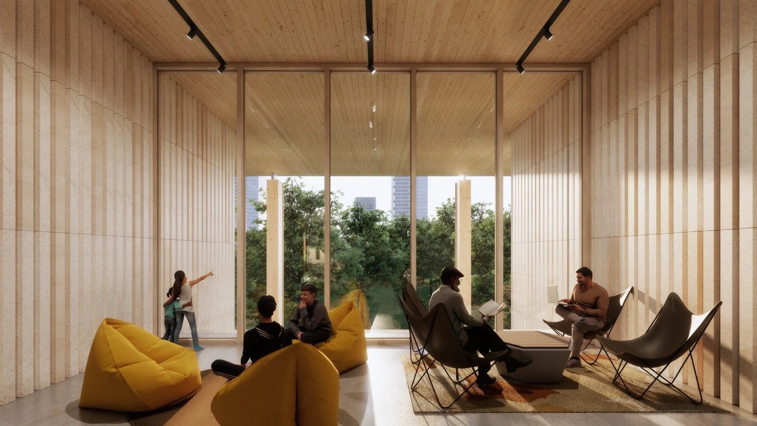 Modern indoor space with large floor-to-ceiling windows, wooden walls and ceiling, and six people engaging in various activities, including two children playing near the window, two people sitting on bean bags, and two people working on laptops in comfortable chairs.