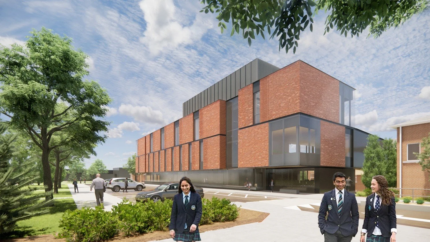 A modern school building with a brick facade and large windows, surrounded by trees and students in uniform walking outside on a sunny day.