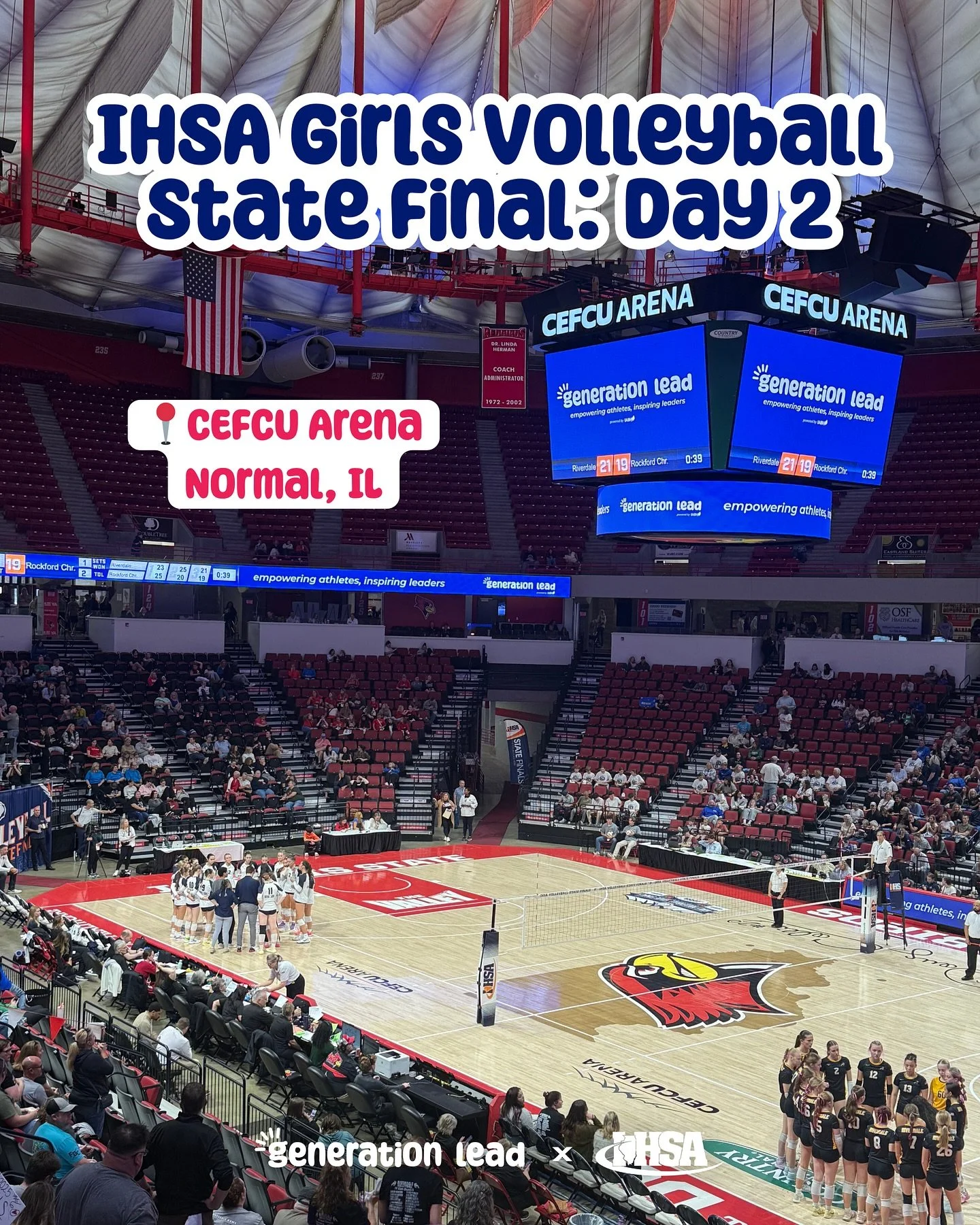 Day two of the IHSA Girls Volleyball State Final! Generation Lead is so greatful for this partnership and for the opportunity to provide youth athletes with the resources and support to be substance free. Play the game, shape the future💪🏐 #generati