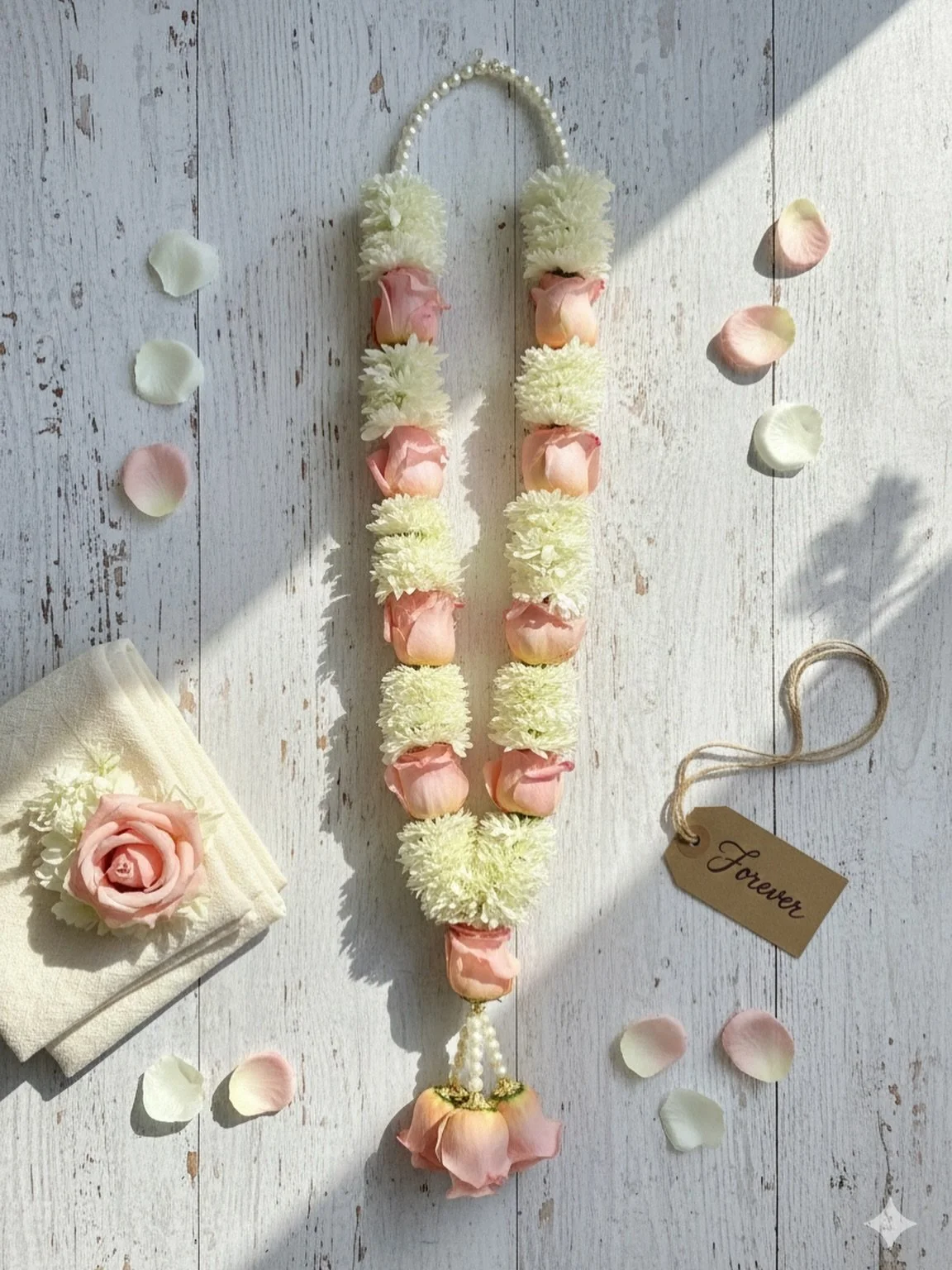 Soft blush roses and fresh white blooms, handcrafted for your most sacred wedding moments 🤍🌸

An elegant wedding garland designed to honor tradition with timeless beauty &mdash; perfect for sacred vows, mandap moments, and unforgettable celebration