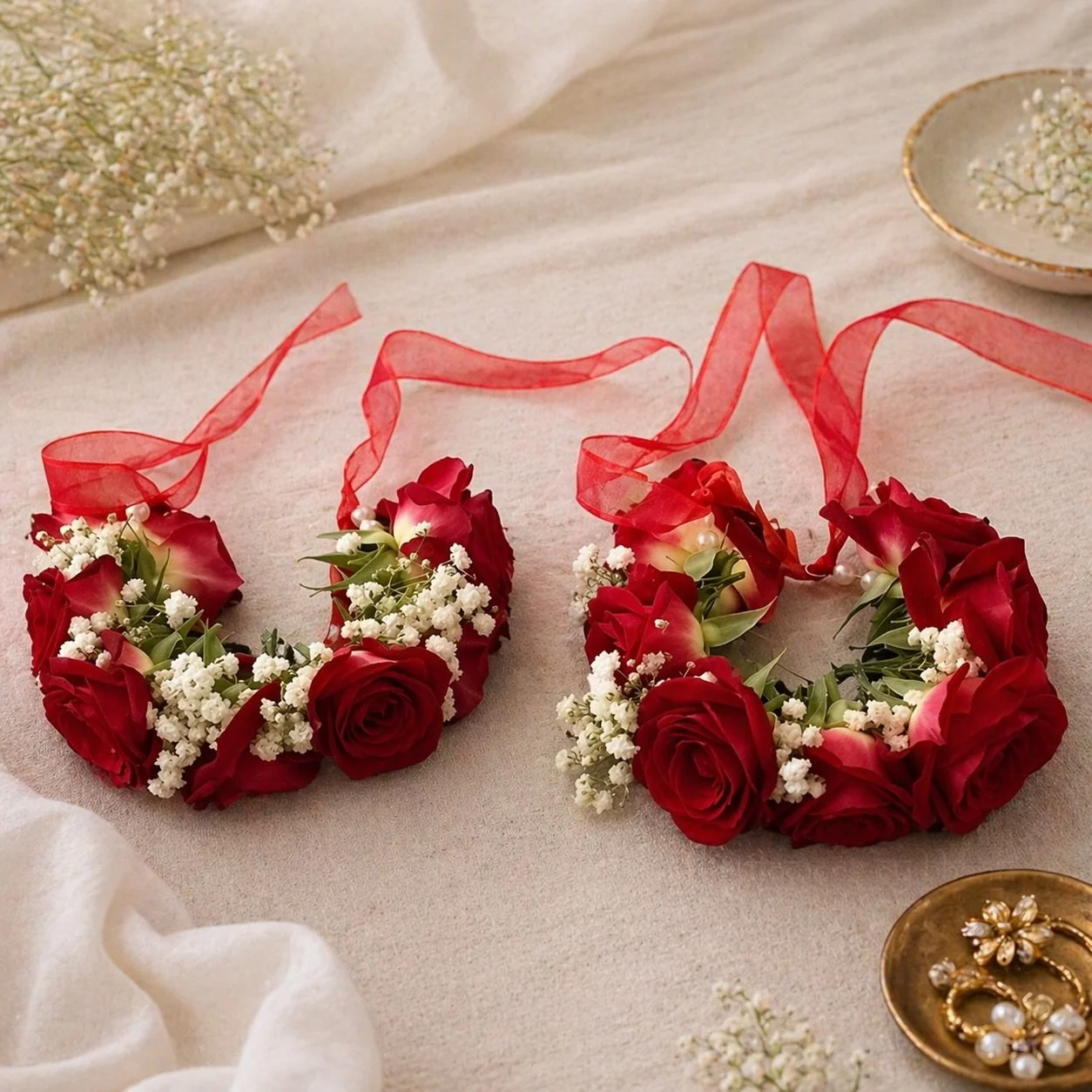 Romance in every detail 🌹✨
Handcrafted rose &amp; baby&rsquo;s breath bracelets, tied with delicate ribbons for the perfect touch of elegance.