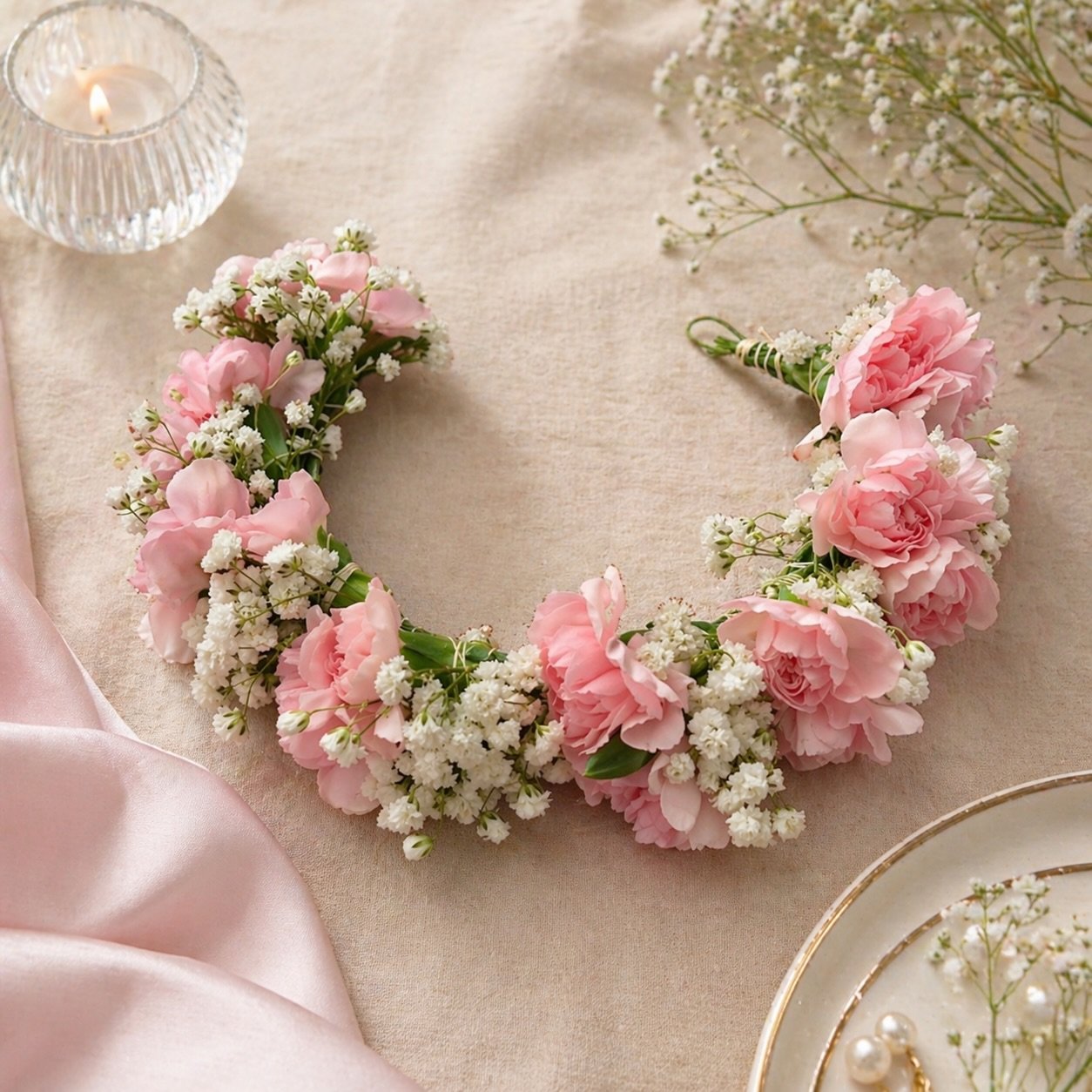 Soft blooms, timeless beauty 🌸✨
A delicate pink gajra that wraps your hair in elegance and grace.