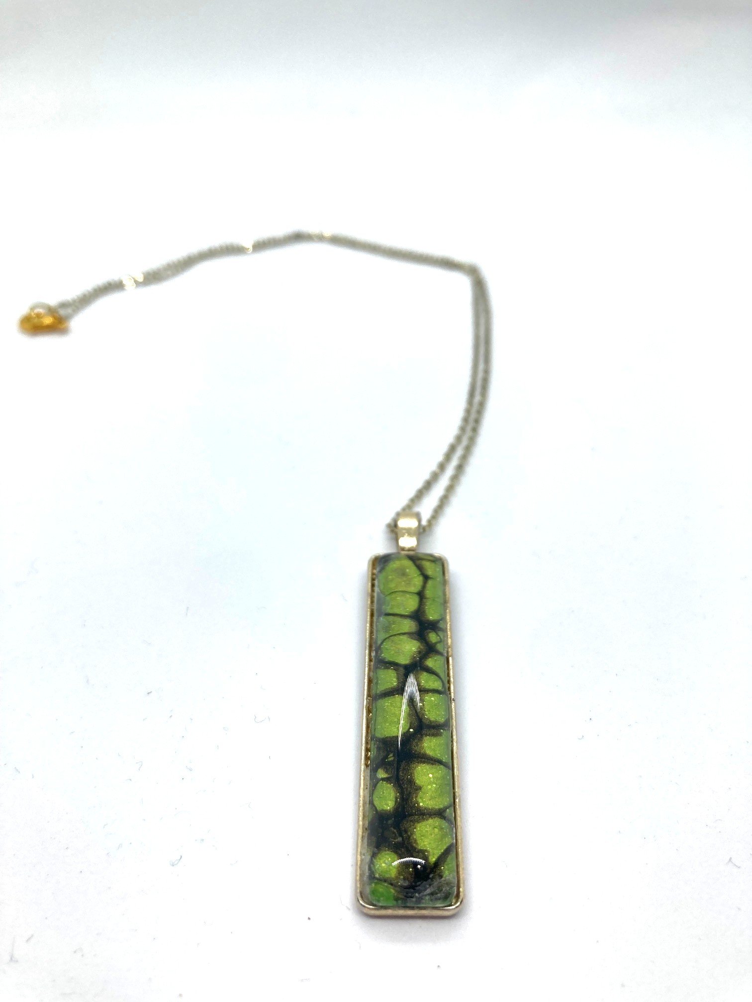 Green Chasm Acrylic Pour Necklace, with Gold Alloy Bezel, and Gold-Plated Brass Chain