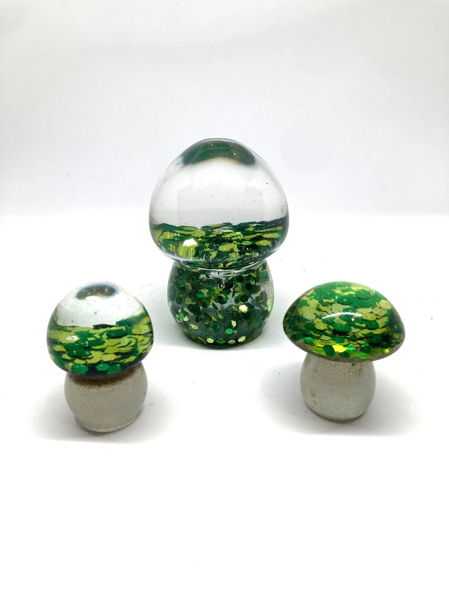 Woodland Resin Mushroom Trio - "Green Gems"