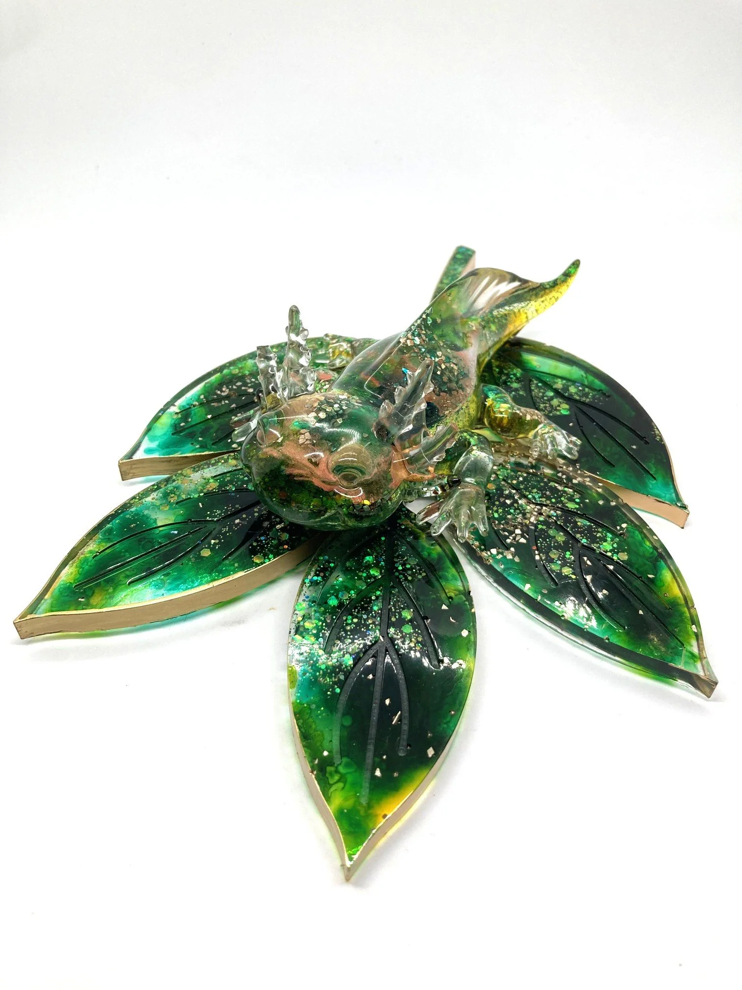 Resin Figurine Whimsical  "Rose Golden" Axolotl on larger Leaf