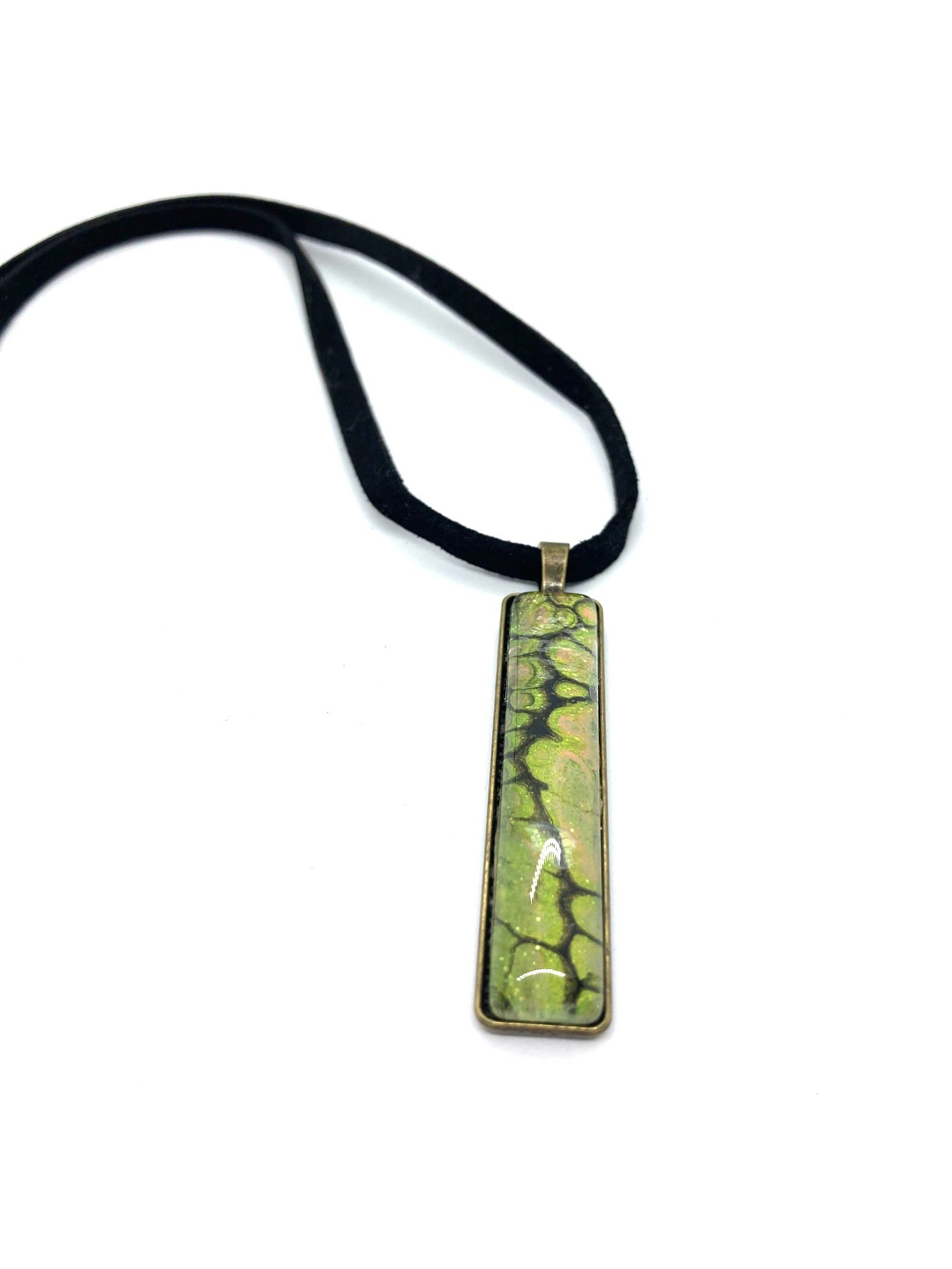 Green Chasm Acrylic Pour Necklace, with Brass Alloy Bezel, and Black Cord