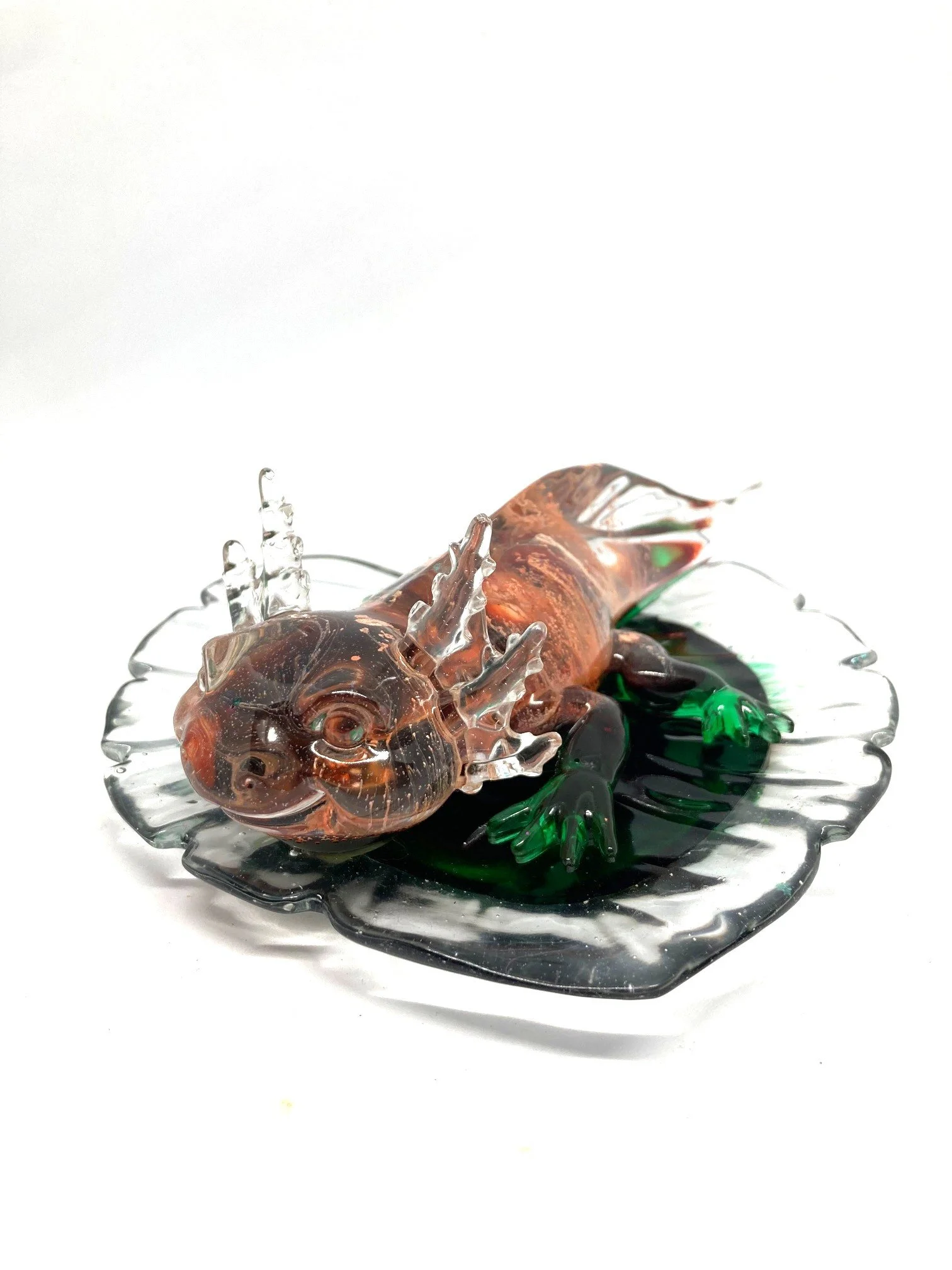 Resin Figurine "Pink, Orange and Green Splatter" Axolotl on Small Leaf