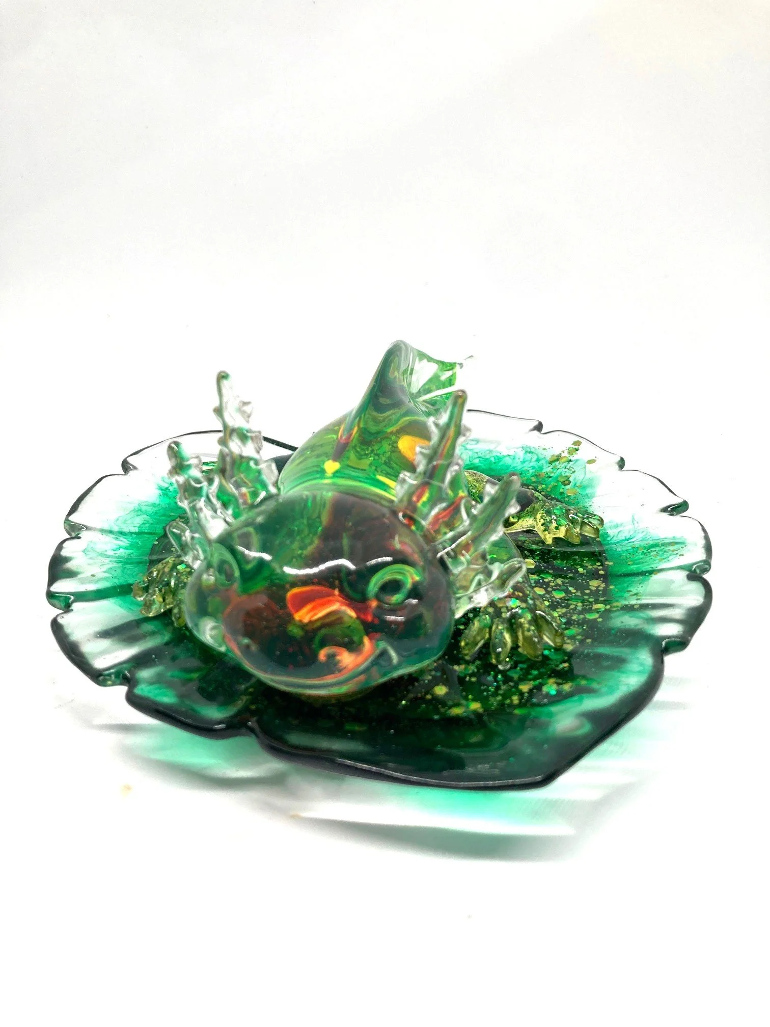 Resin Figurine "Red, Yellow and Green" Axolotl on Small Leaf