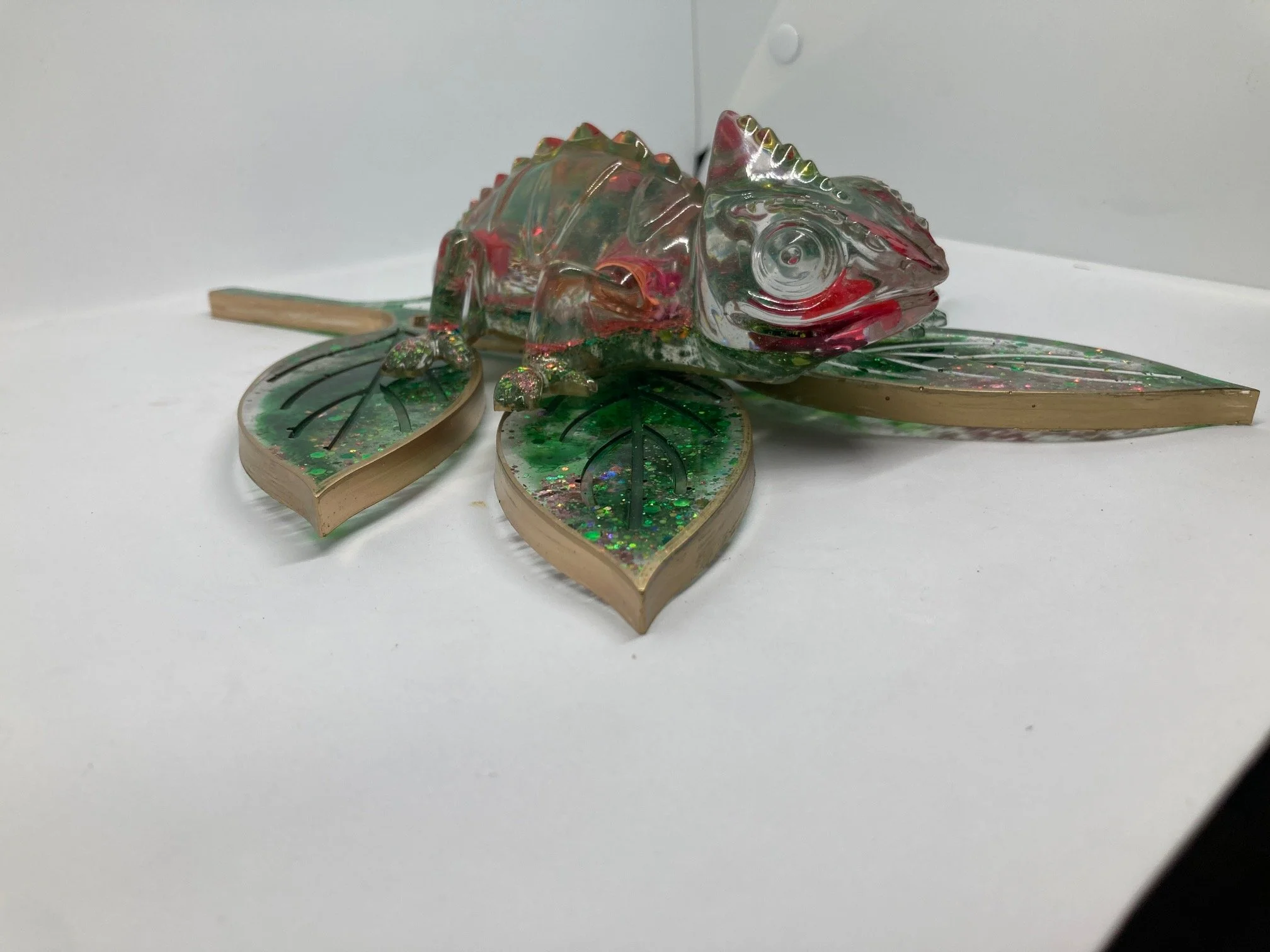 Resin Figurine_Flowered RedOrange Chameleon on Leaf_SideEye.jpg