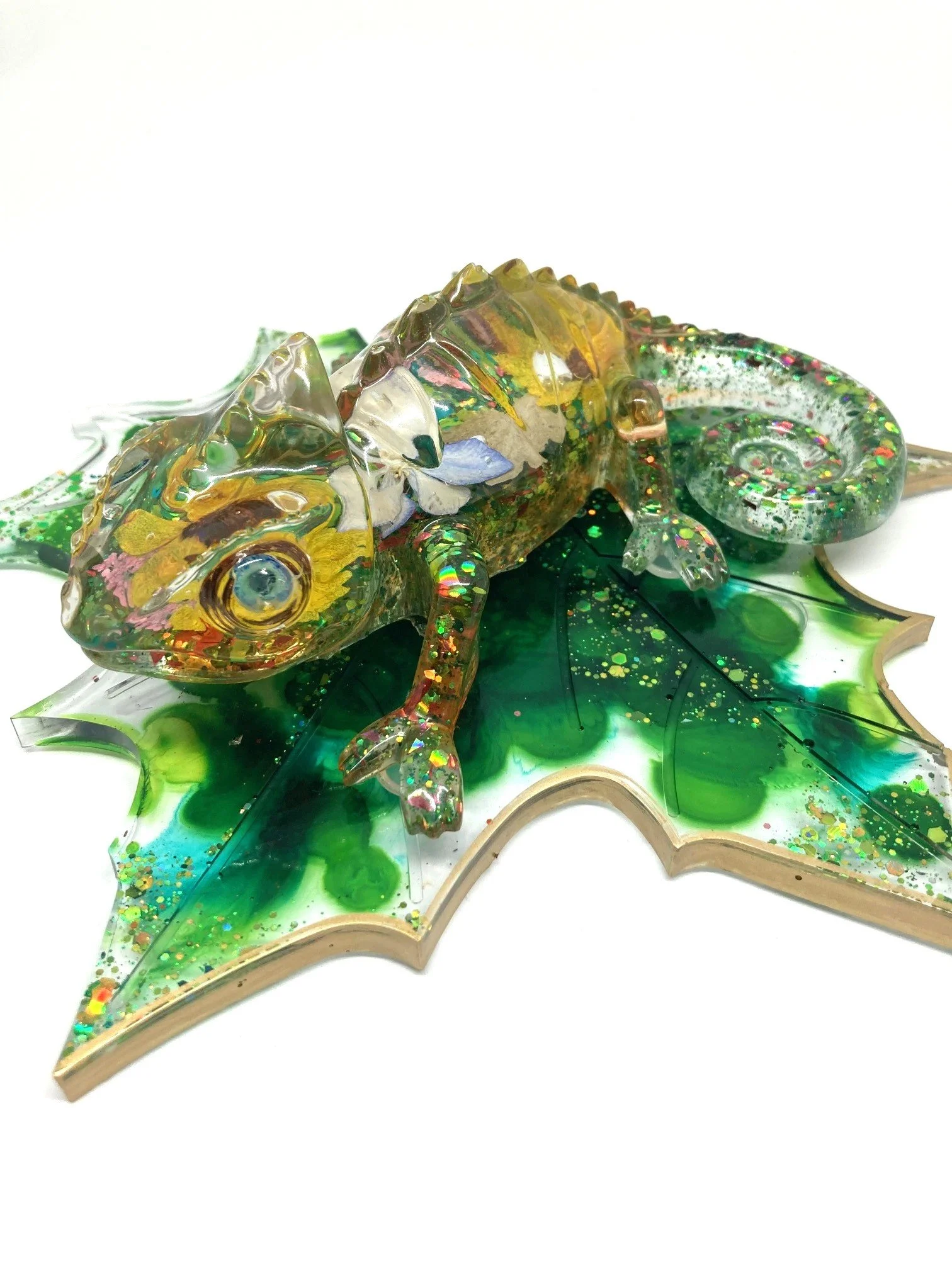 Resin Figurine_Flowered Yellow and Blue Chameleon on Leaf_SideEye.jpg