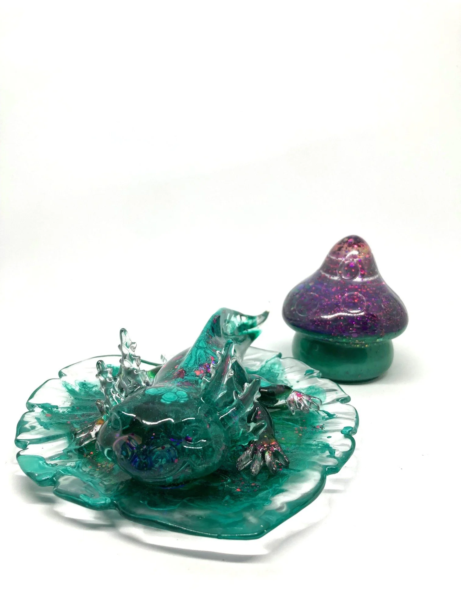 Resin Figurine "Teal Splatter" Axolotl on Small Leaf, with matching Mushroom