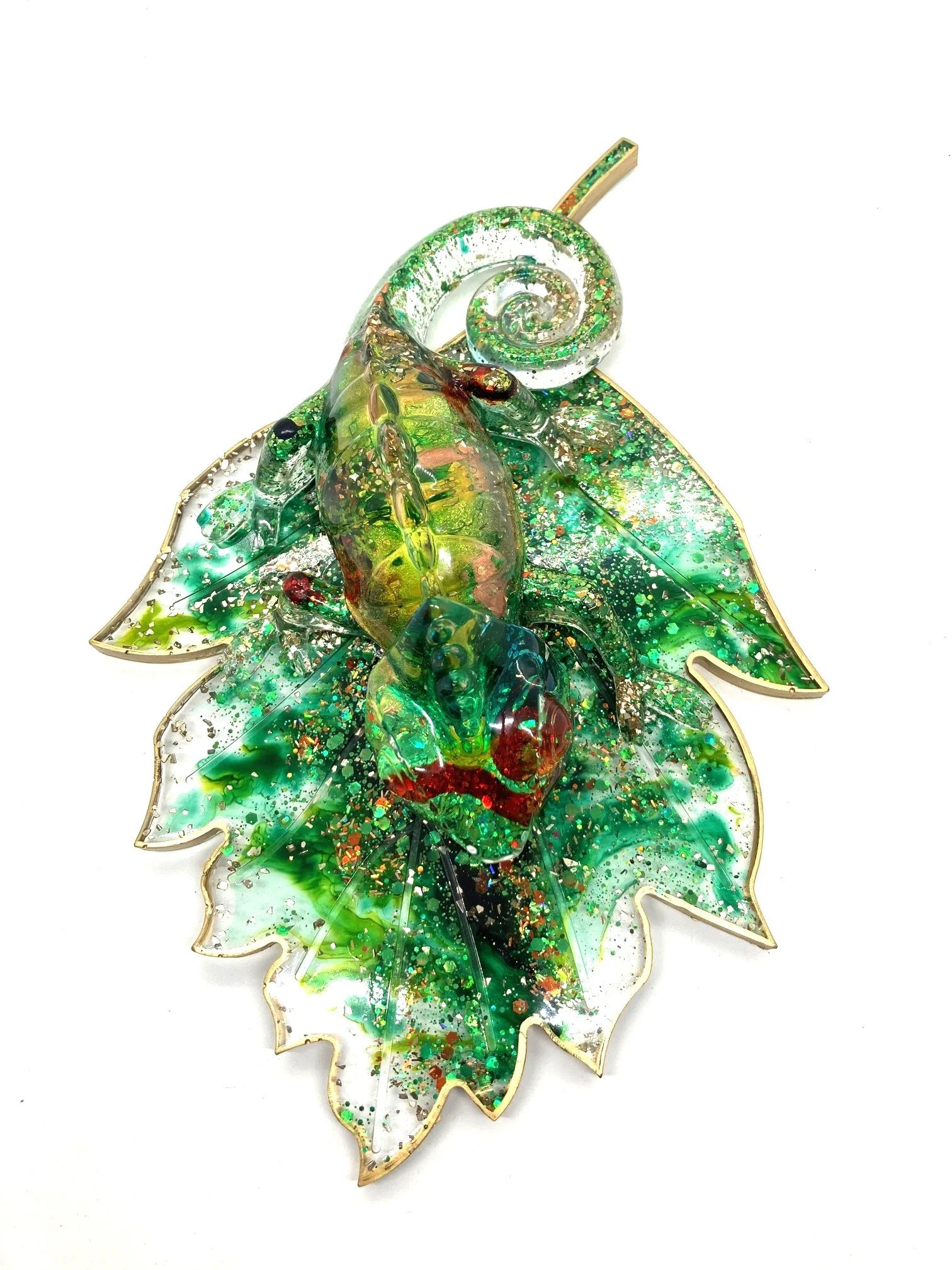Resin Figurine "Rose Golden" Chameleon on Large Leaf