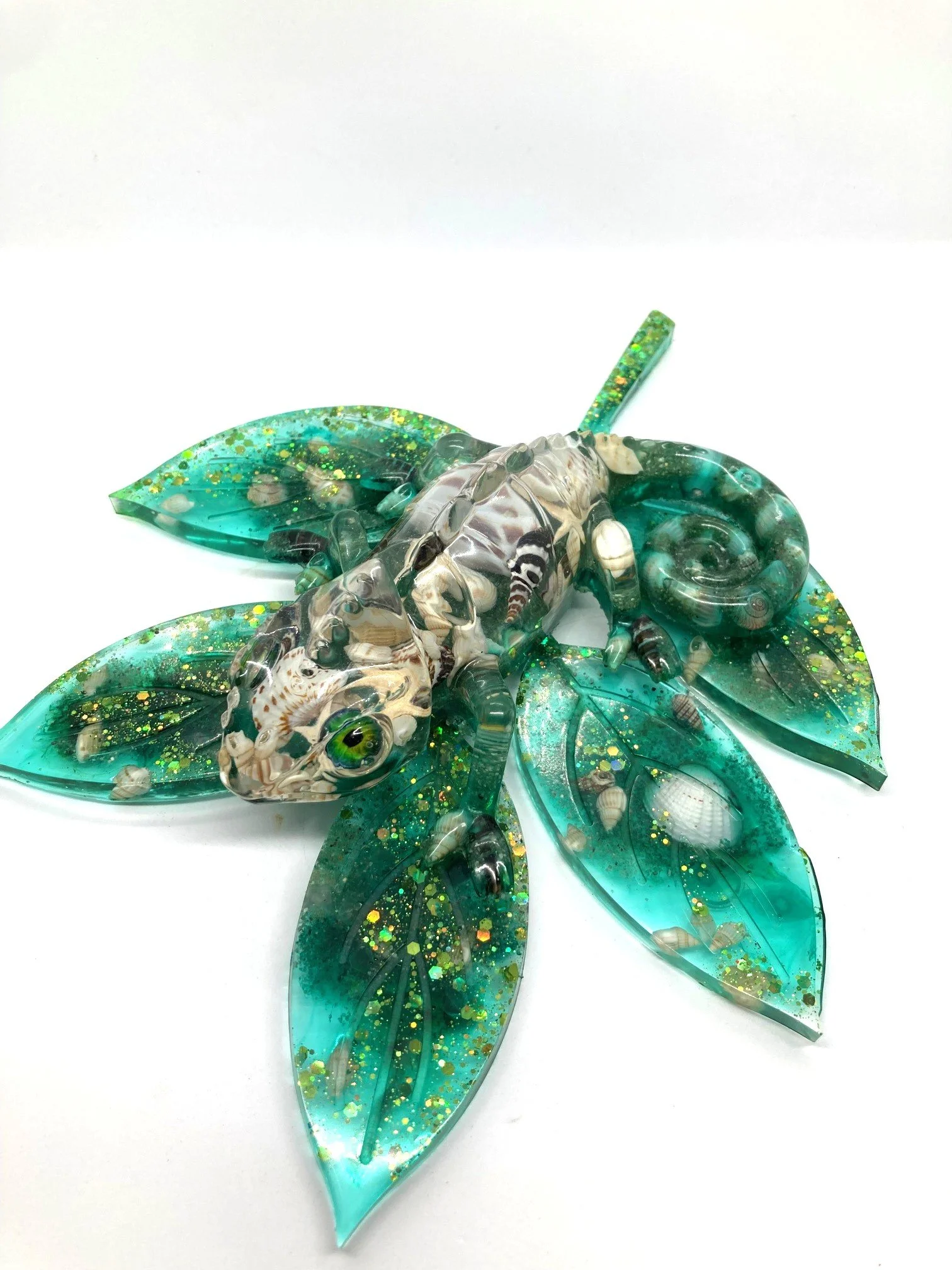 Resin Figurine "Shell Yeah" Chameleon with Shells on a Larger Leaf