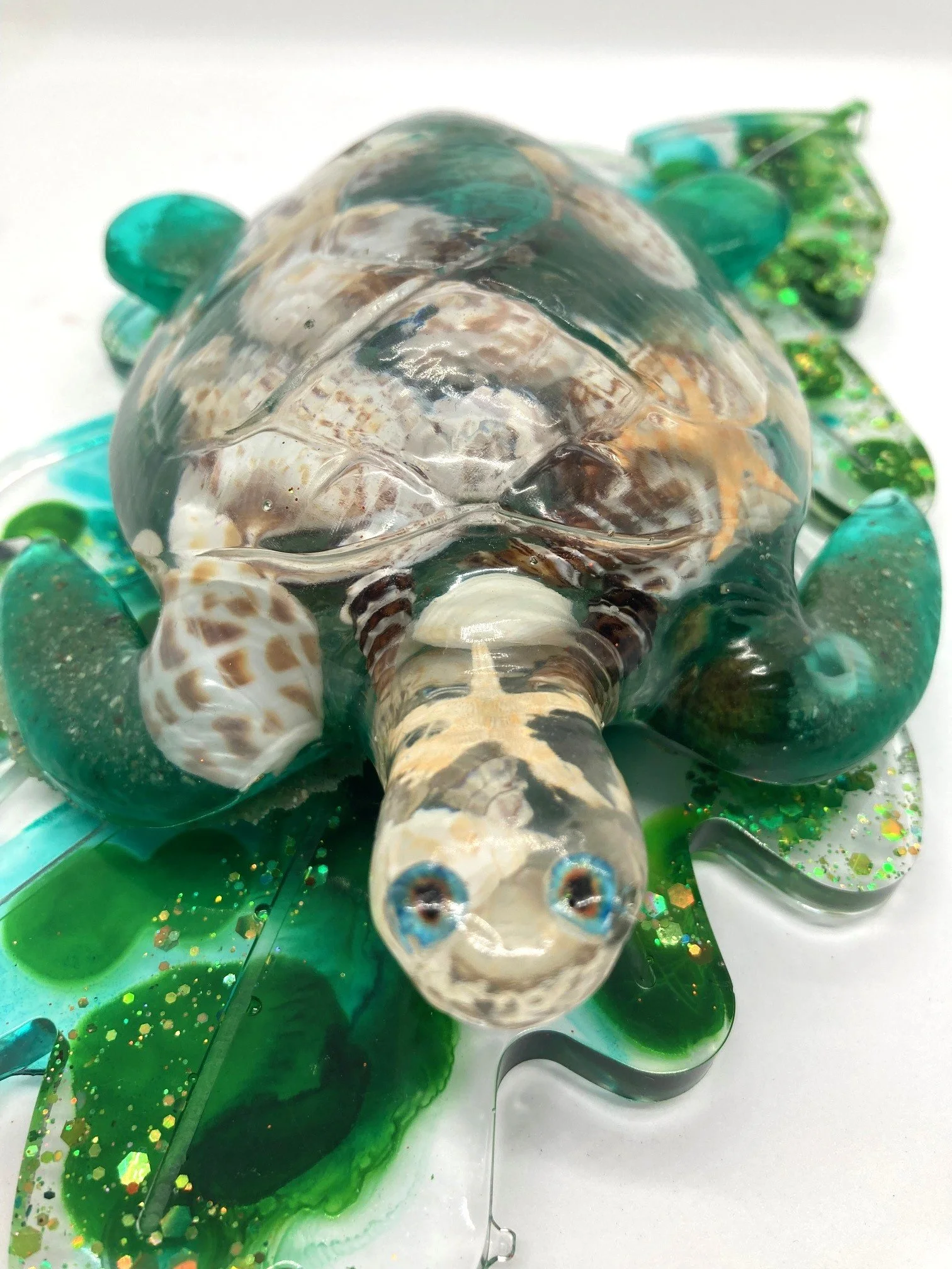 Resin Figurine "Shell Yeah" Turtle with Shells on Large Leaf