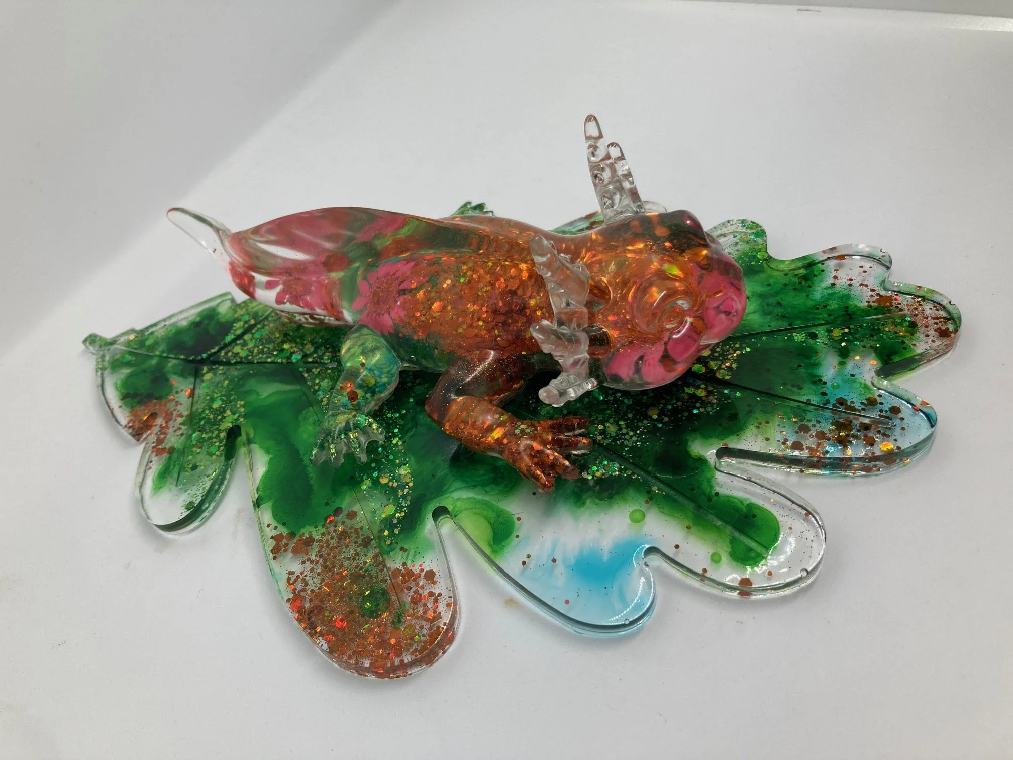 Resin Figurine_Flowered Orange Daze_Axoltl on Leaf_Sideview.jpg