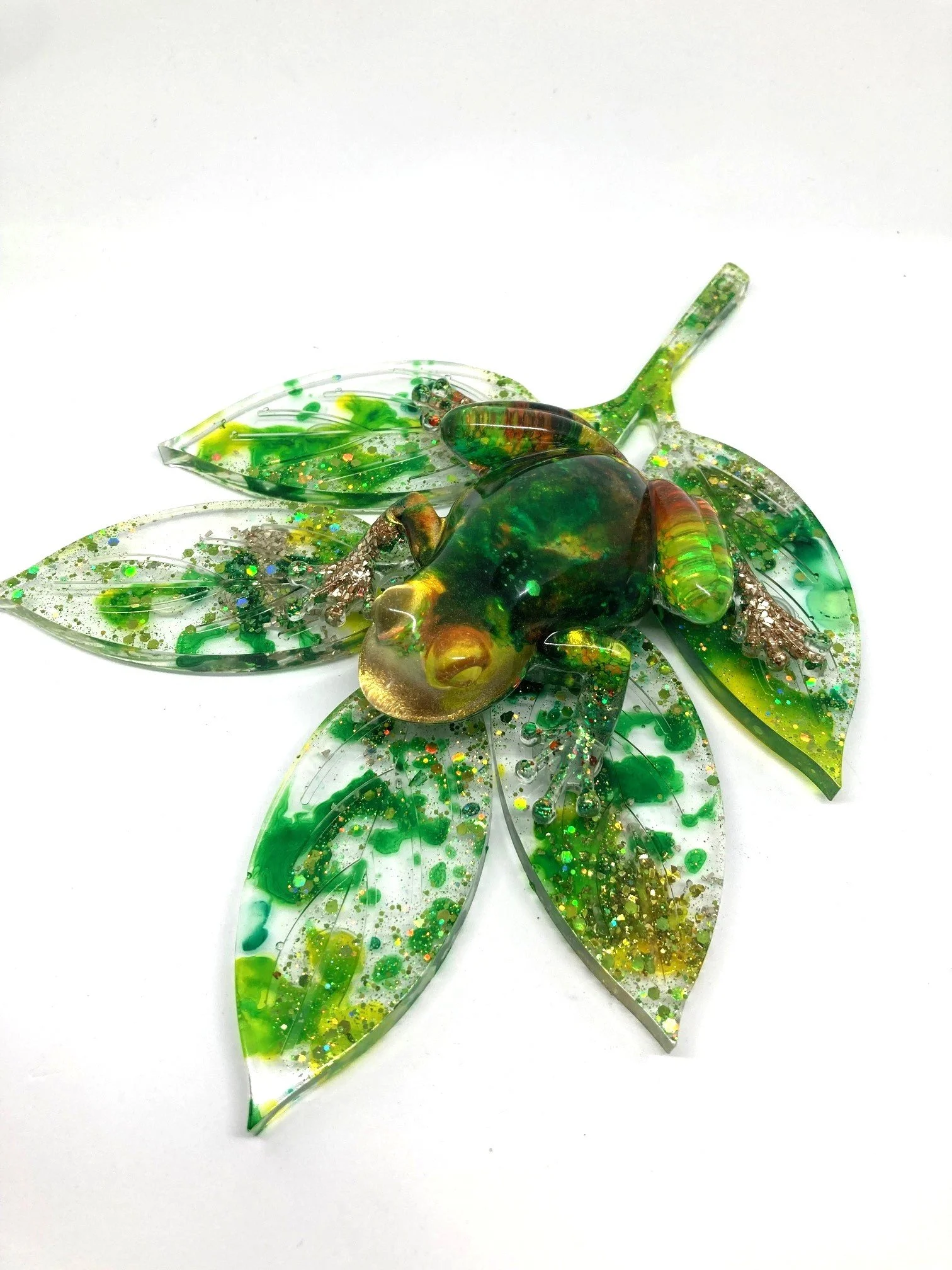 Shimmering Resin "Golden Rainbow" Frog on a larger Leaf Sculpture