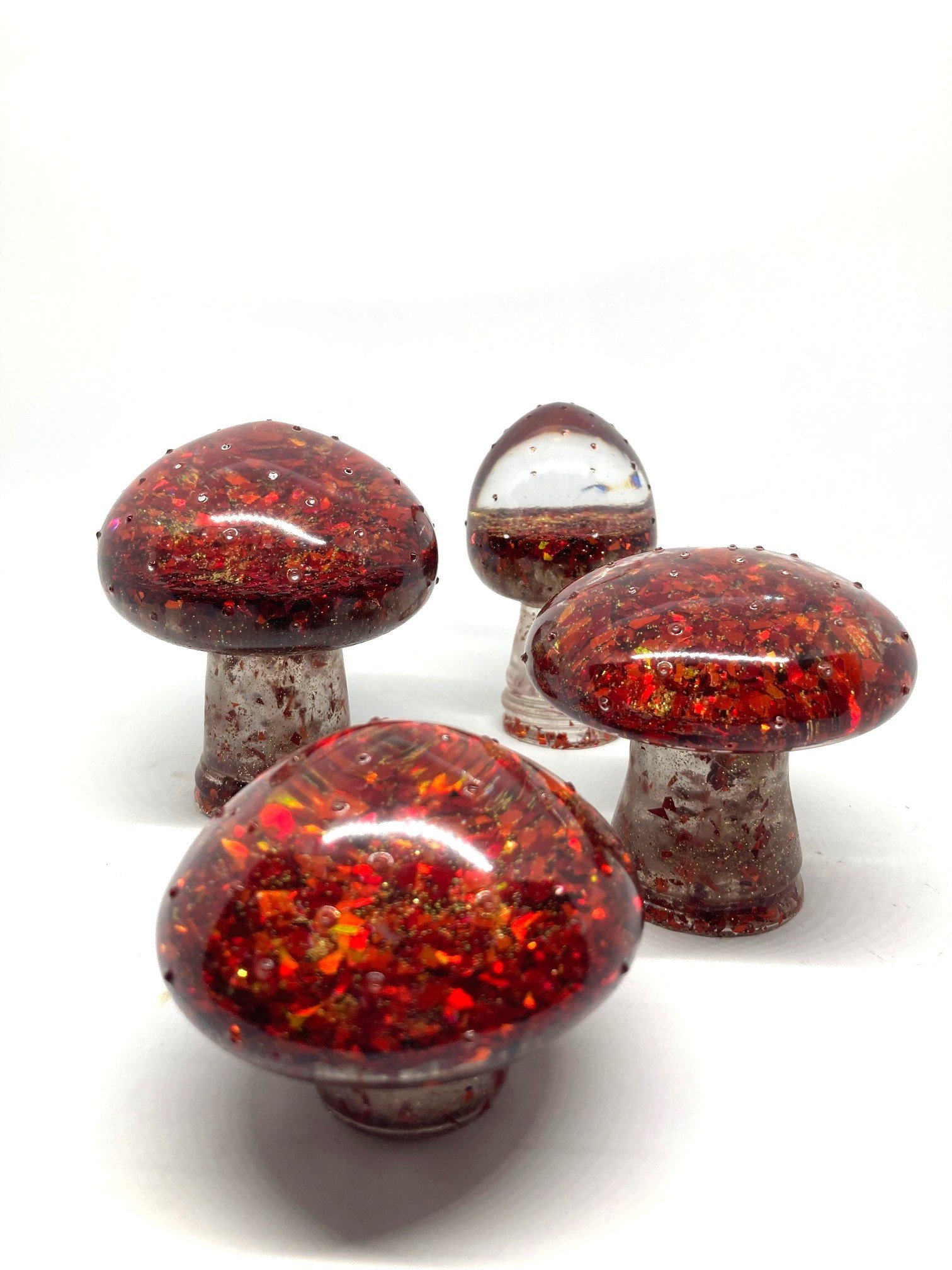 Resin Figurine_Large Mushroom Foursome_Red with Gold Flecks_SideView.jpg