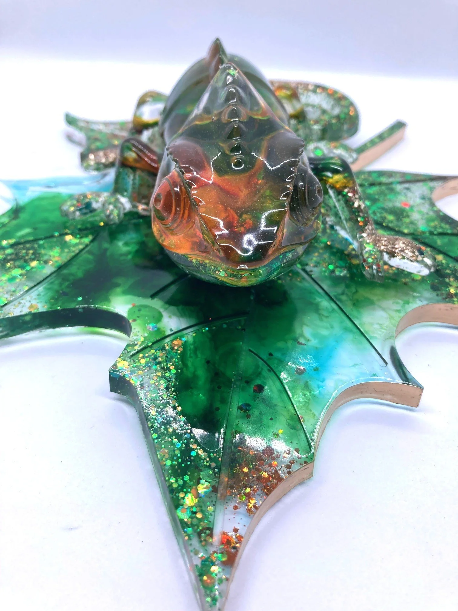 Resin Figurine_Yellow Orange Green Chameleon on Leaf_Close Up.jpg