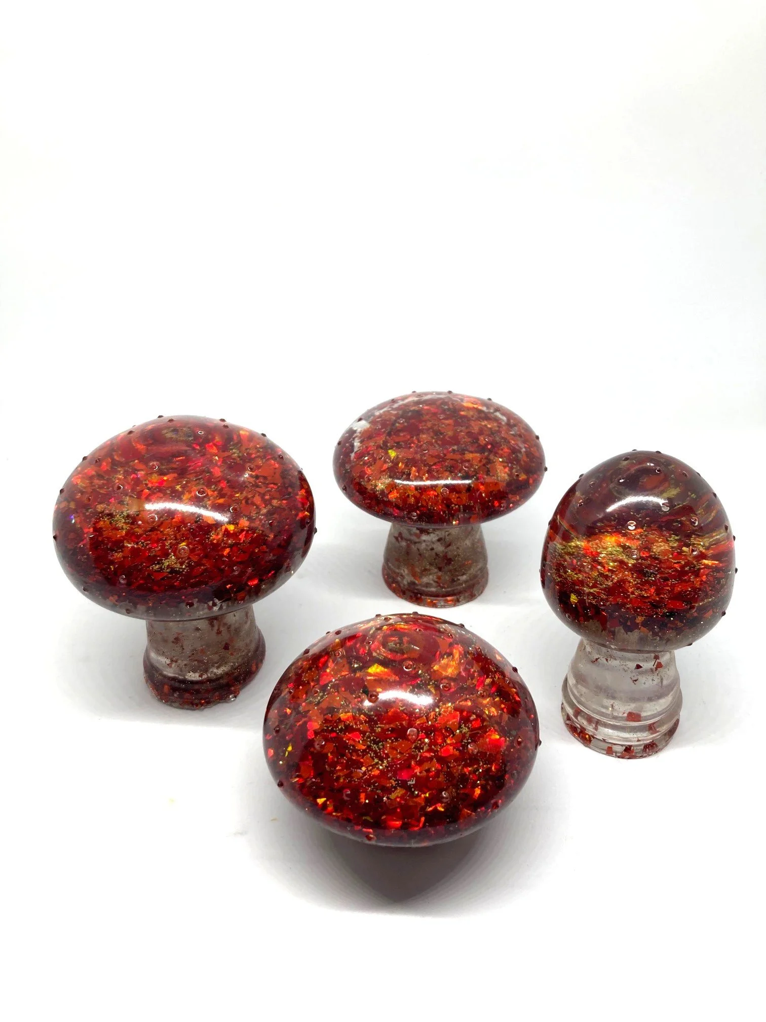 Resin Holographic Mushroom Magic: Set of 4 larger Figurines "Red with Gold Flecks"