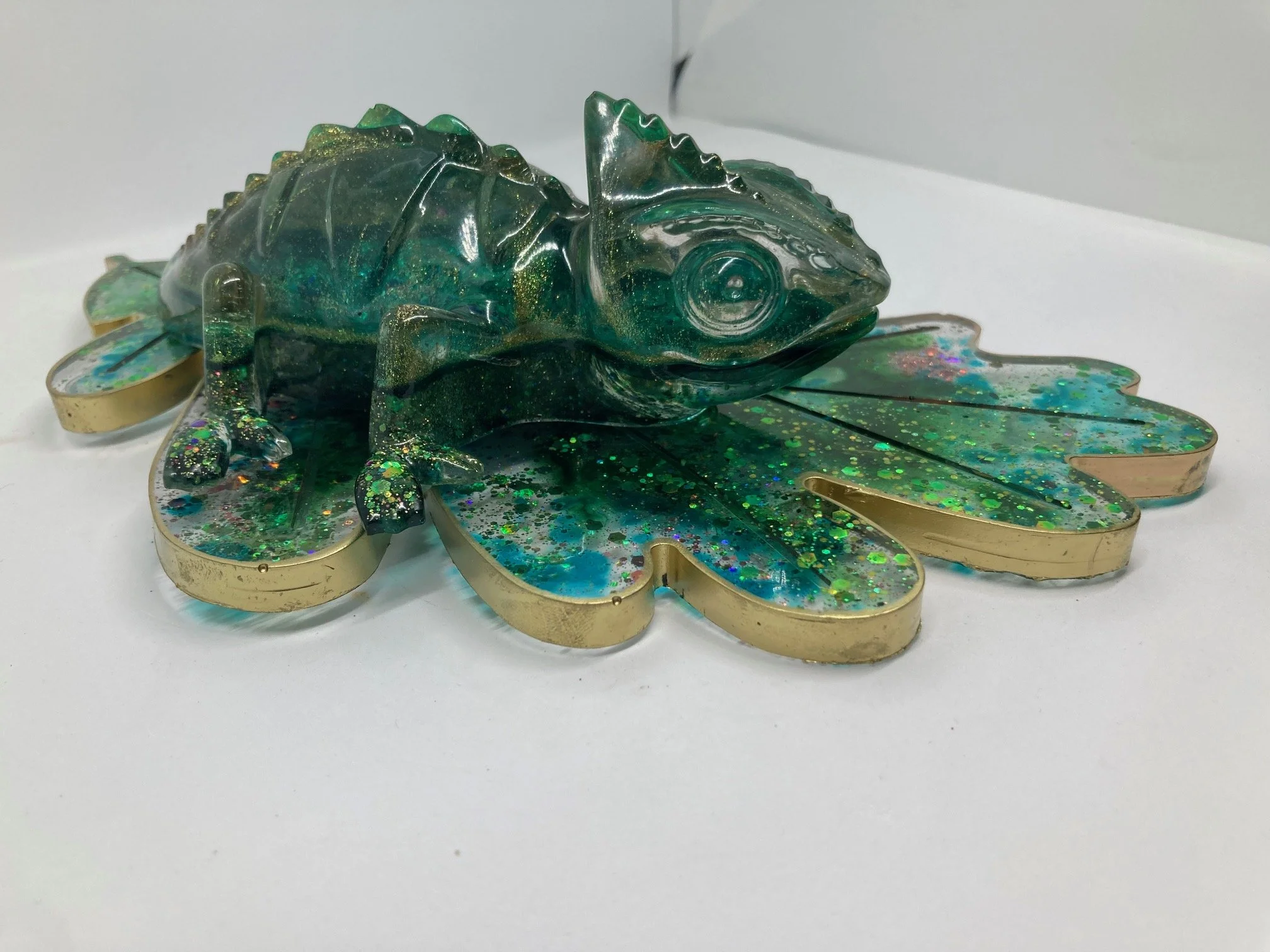 Resin Figurine_Aquamarine and Gold Chameleon on Leaf_SideEye.jpg