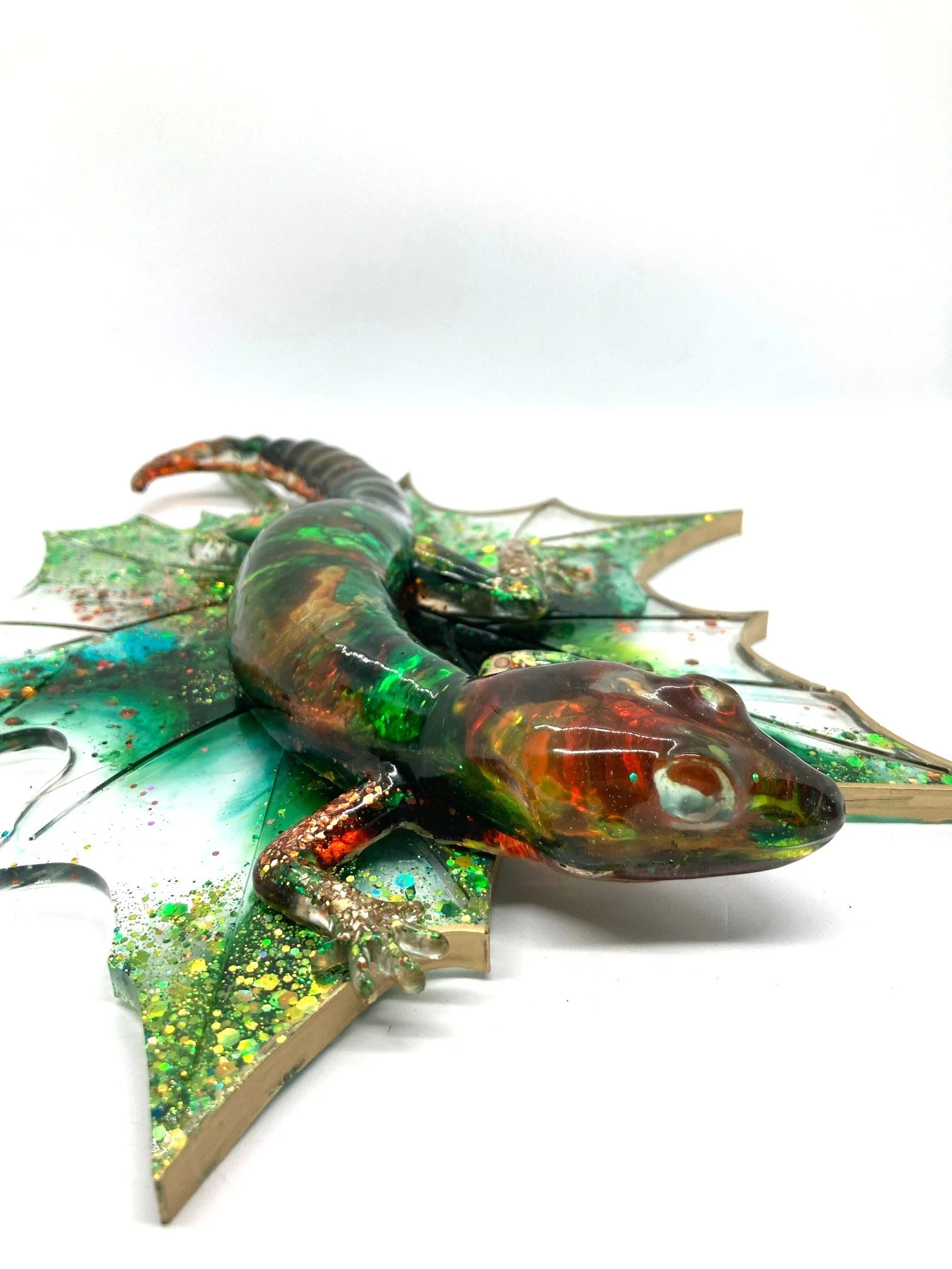 Resin Figurine_Yellow Orange Green Salamander on Leaf_Side View.jpg