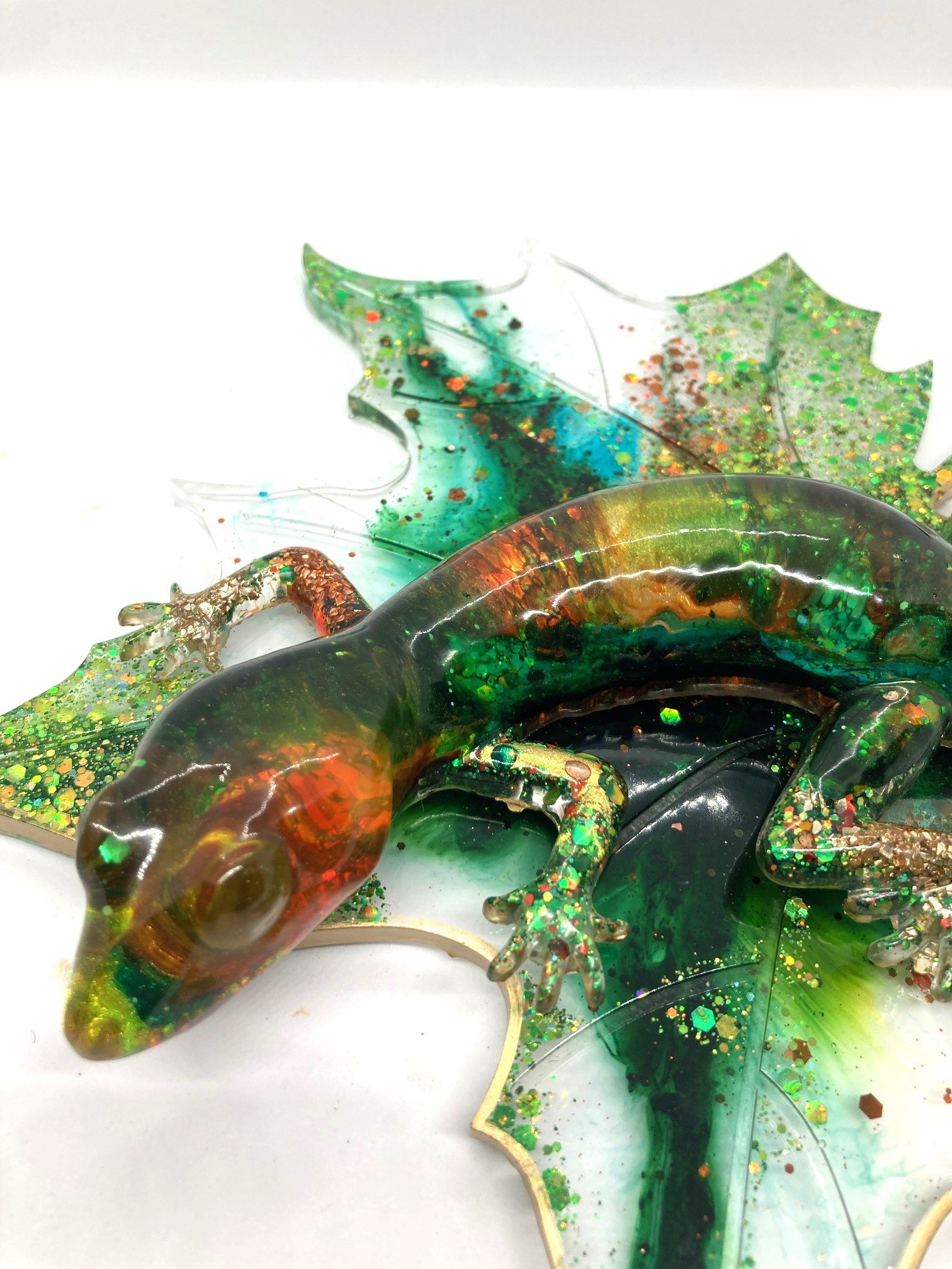 Resin Figurine_Yellow Orange Green Salamander on Leaf_TopViewCloseUp.jpg