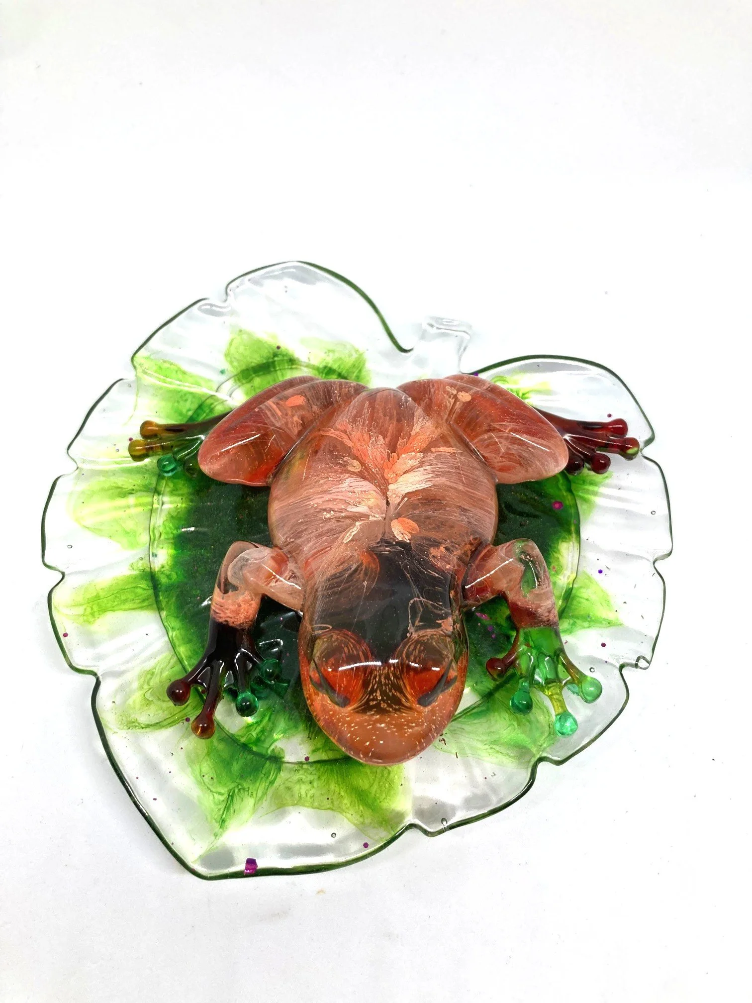 Resin Figurine "Pink and White Splatter" Frog on Small Lilly Pad Leaf