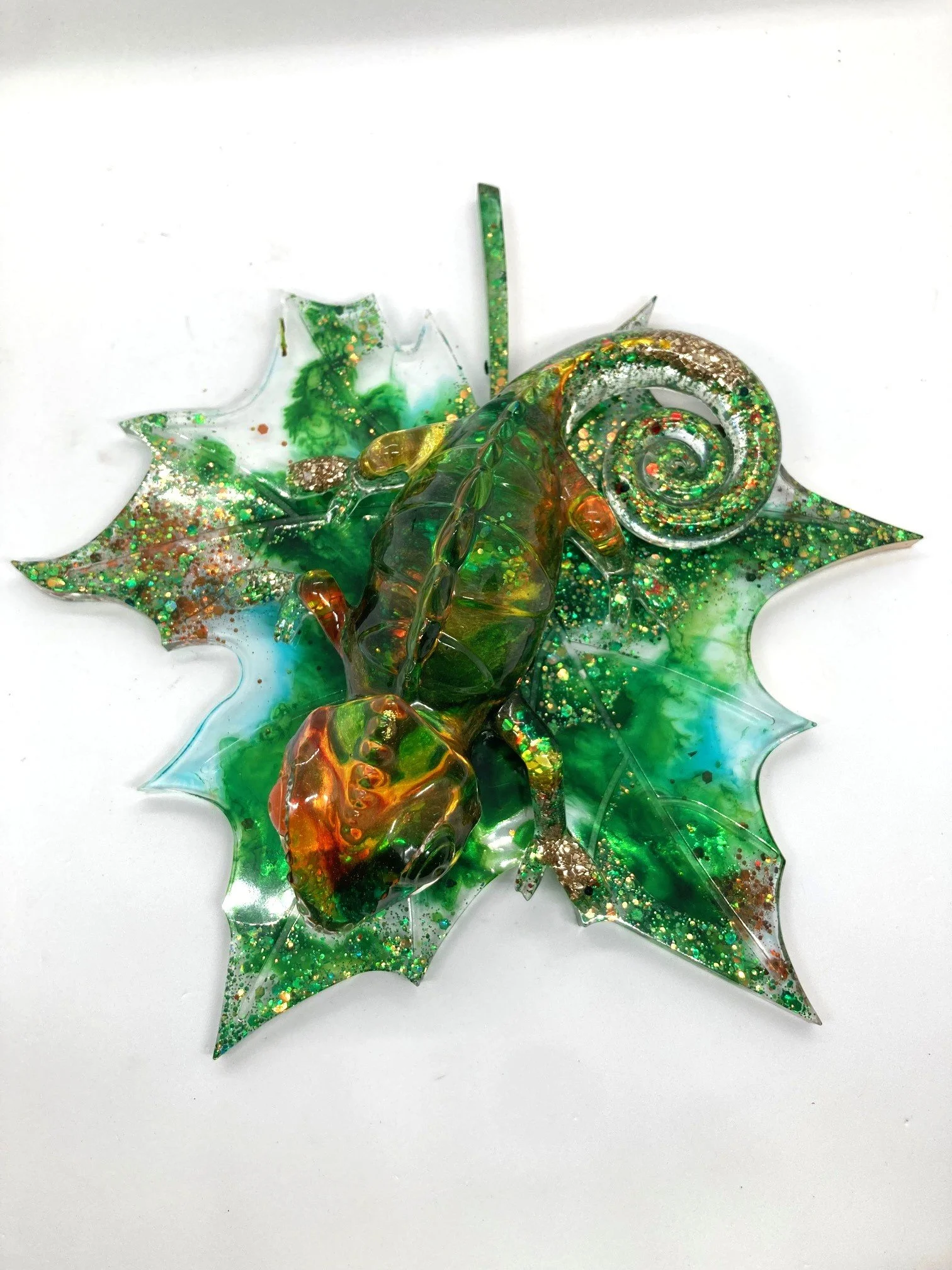Resin Figurine_Yellow Orange Green Chameleon on Leaf_From Above.jpg
