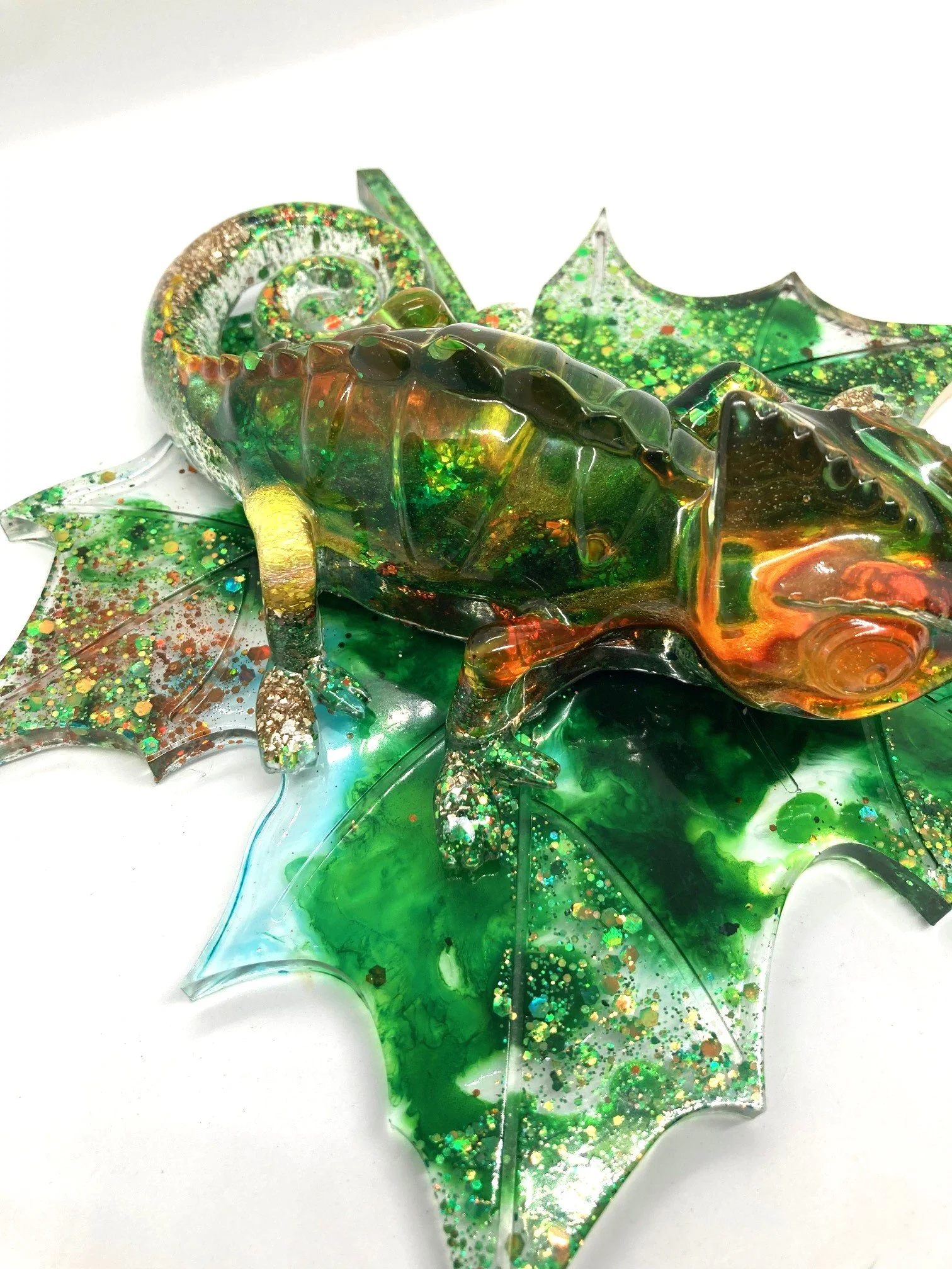Resin Figurine_Yellow Orange Green Chameleon on Leaf_SideView.jpg