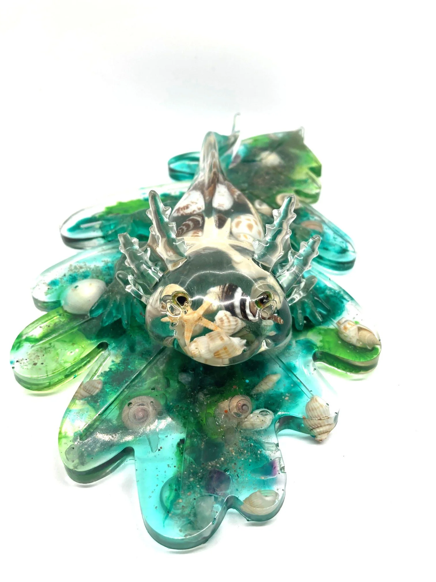 Resin Figurine "Shell Yeah" Axolotl with Shells on a larger chunky Leaf also with shells