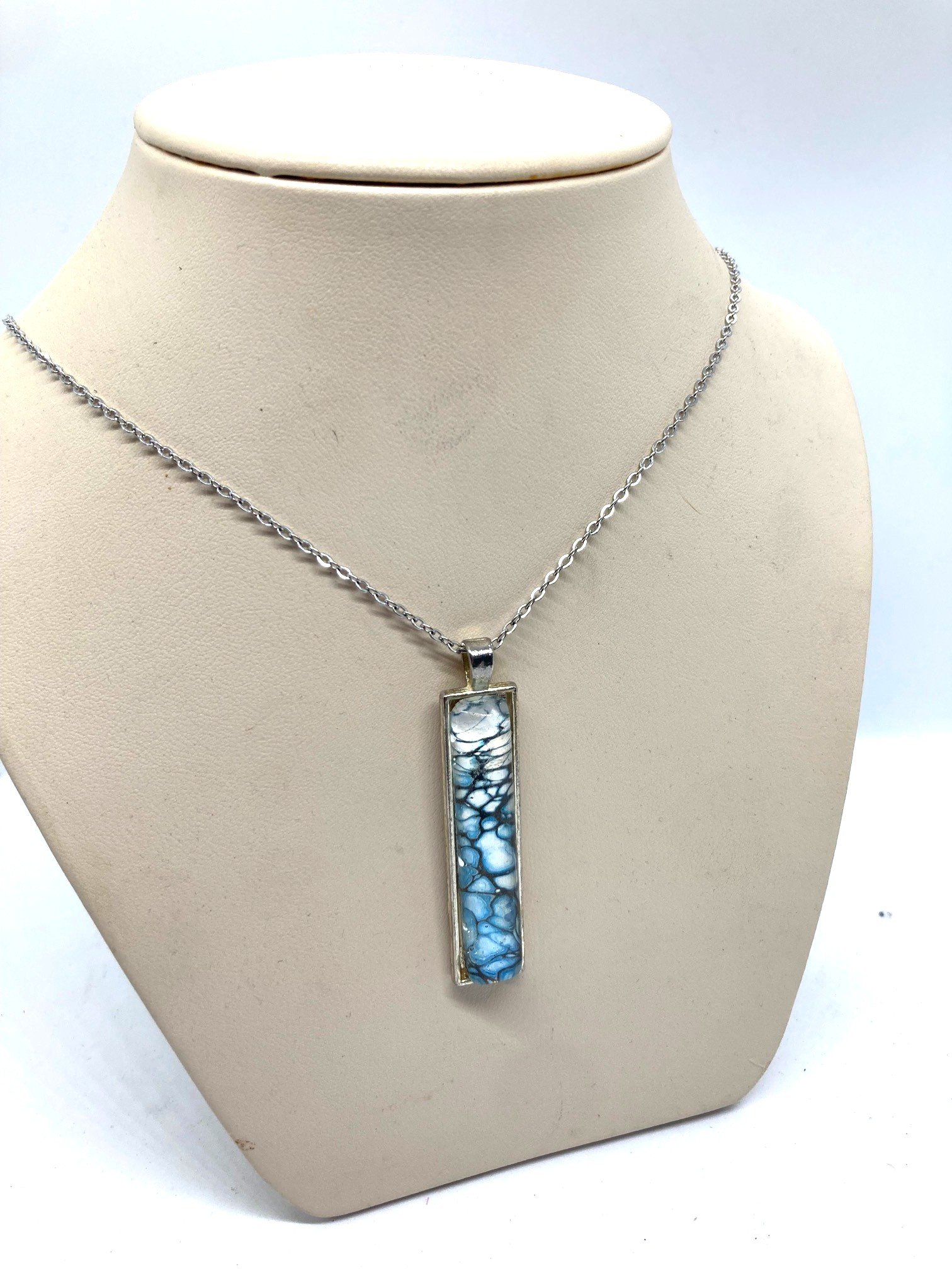 Blue Chasm Acrylic Pour Necklace, with Alloy Bezel, and Stainless-Steel Chain