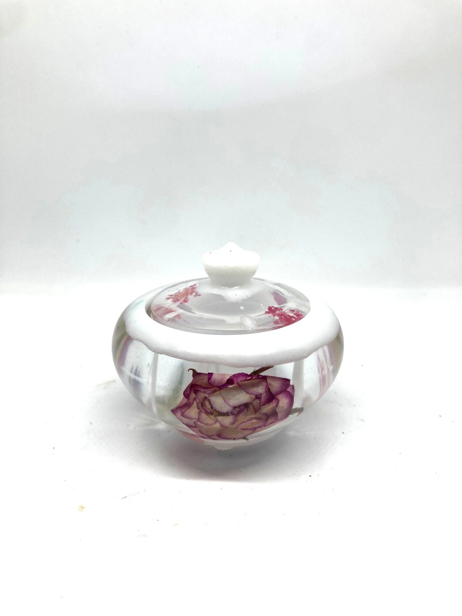 Small Rounded Clear jar with white accents and Pressed Flowers (Roses and Alyssum) "Sweet Rose"