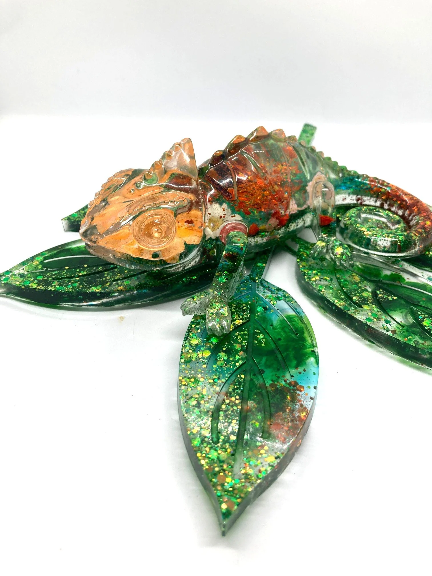 Resin Figurine_Flowered Orange Daze Chameleon on Leaf_Side View.jpg