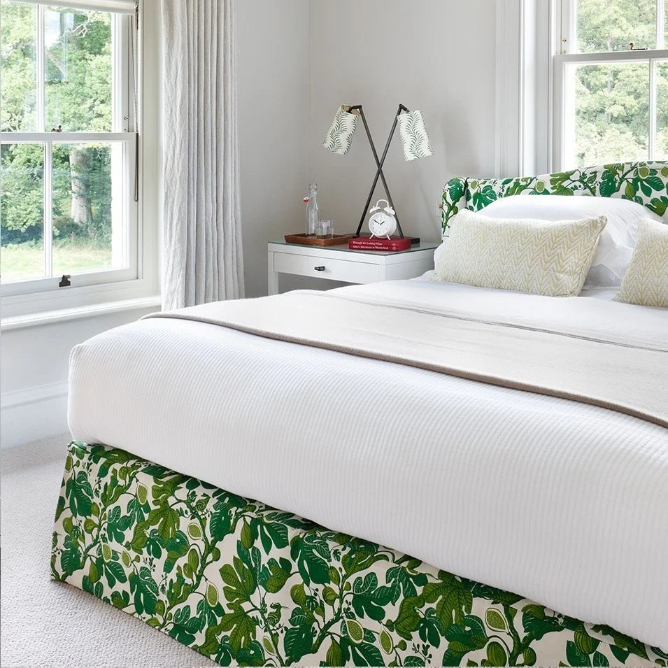 Bedroom valance headboard match Fig print cypress green white Turner Pocock