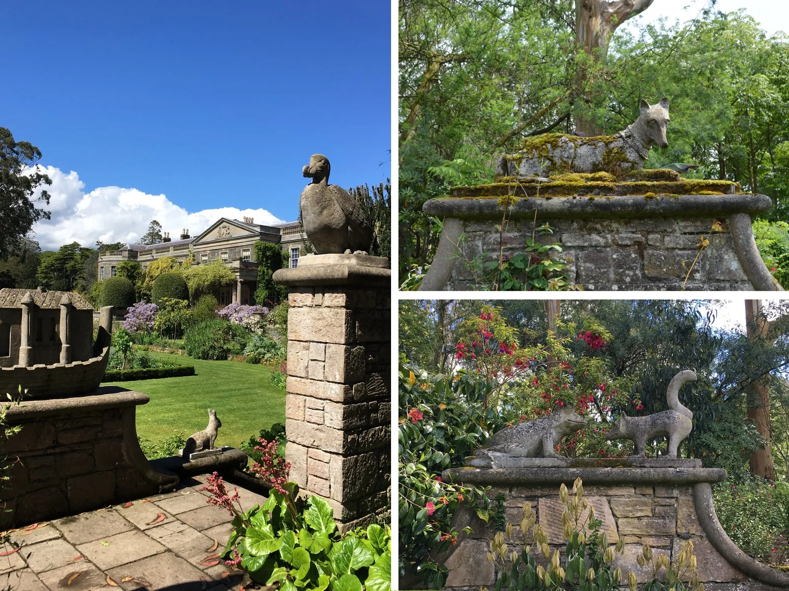 Cement statues of a dodo, a rabbit a dog, a frog and a fox stand on plinths in the garden of a country house, Mount Stewart in Northern Ireland