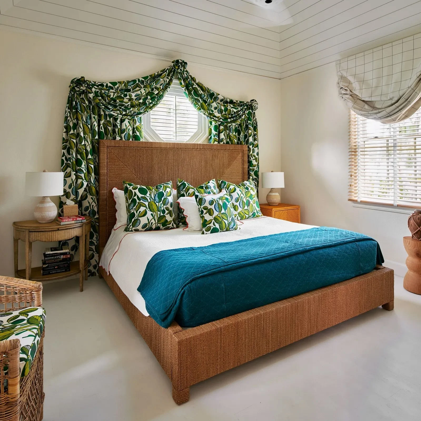 David Netto Bahamas Bedroom Drapery Calathea Palm Leaf Design chartreuse green Cushions Fanny Shorter