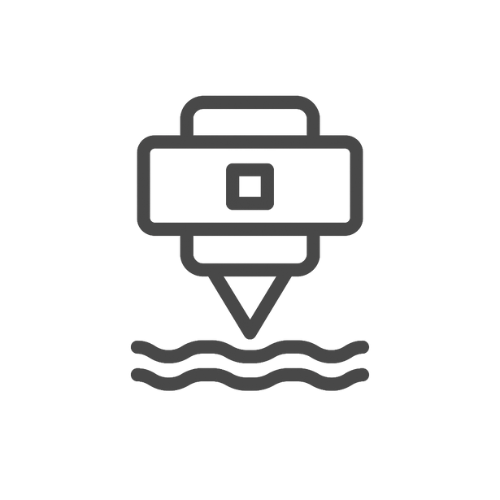 Dark gray vector icon of a 3D printer nozzle extruding filament, symbolizing precision craftsmanship and maker skill.