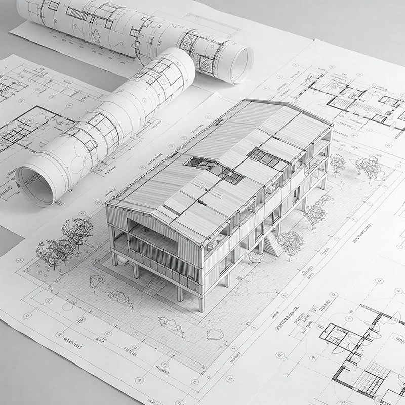 Architectural rendering of a commercial building on drawings