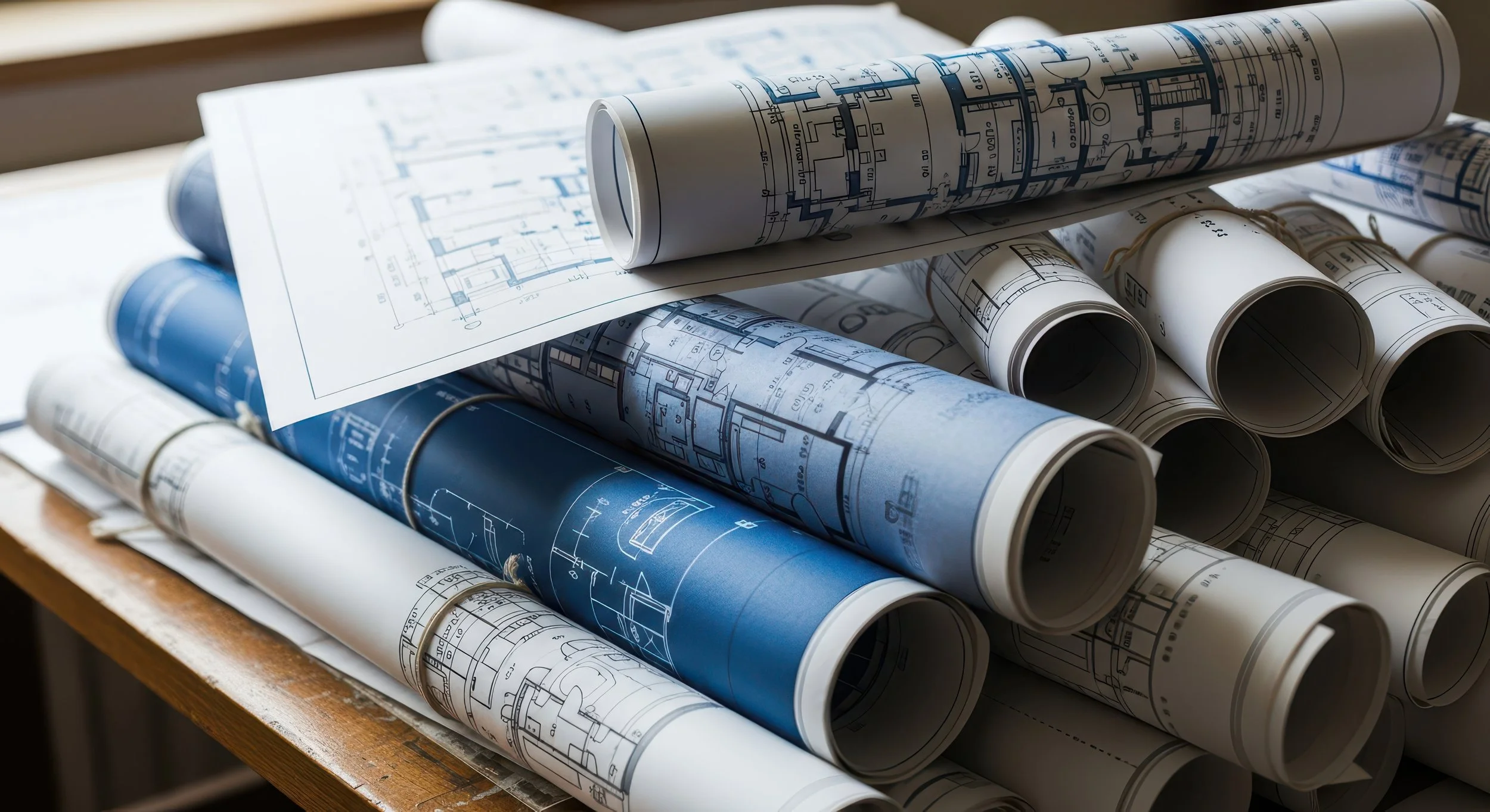 Rolled sets of construction drawings