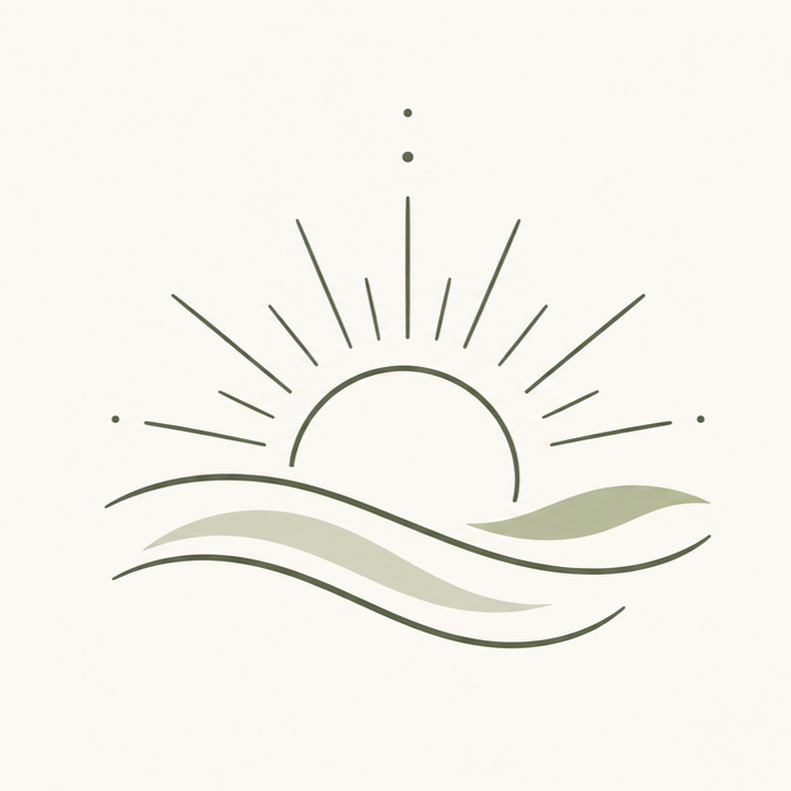 Minimalist illustration of a sunrise with rays, a semi-circle sun, and flowing lines representing water or land.