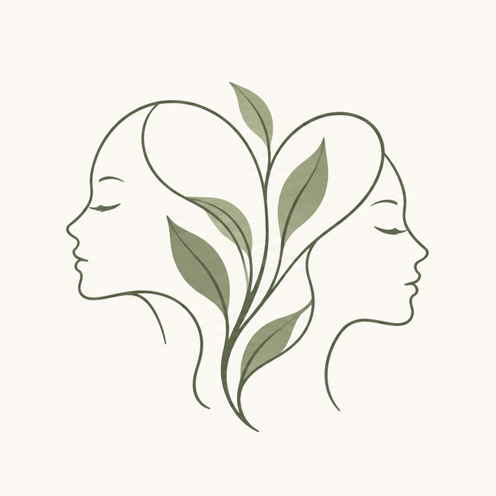 Line drawing of two female faces in profile, with a plant with leaves growing between them.