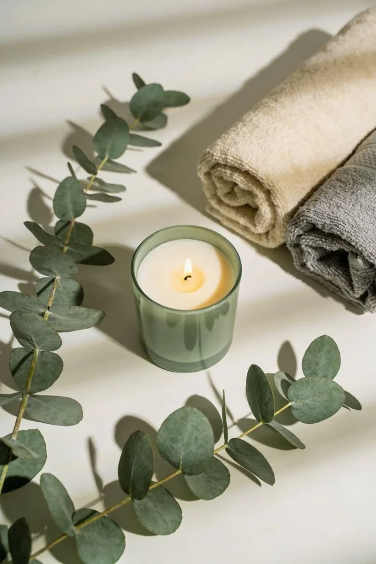 Candle, rolled towels, and eucalyptus creating a calming self-care atmosphere that reflects holistic wellness and mindfulness.