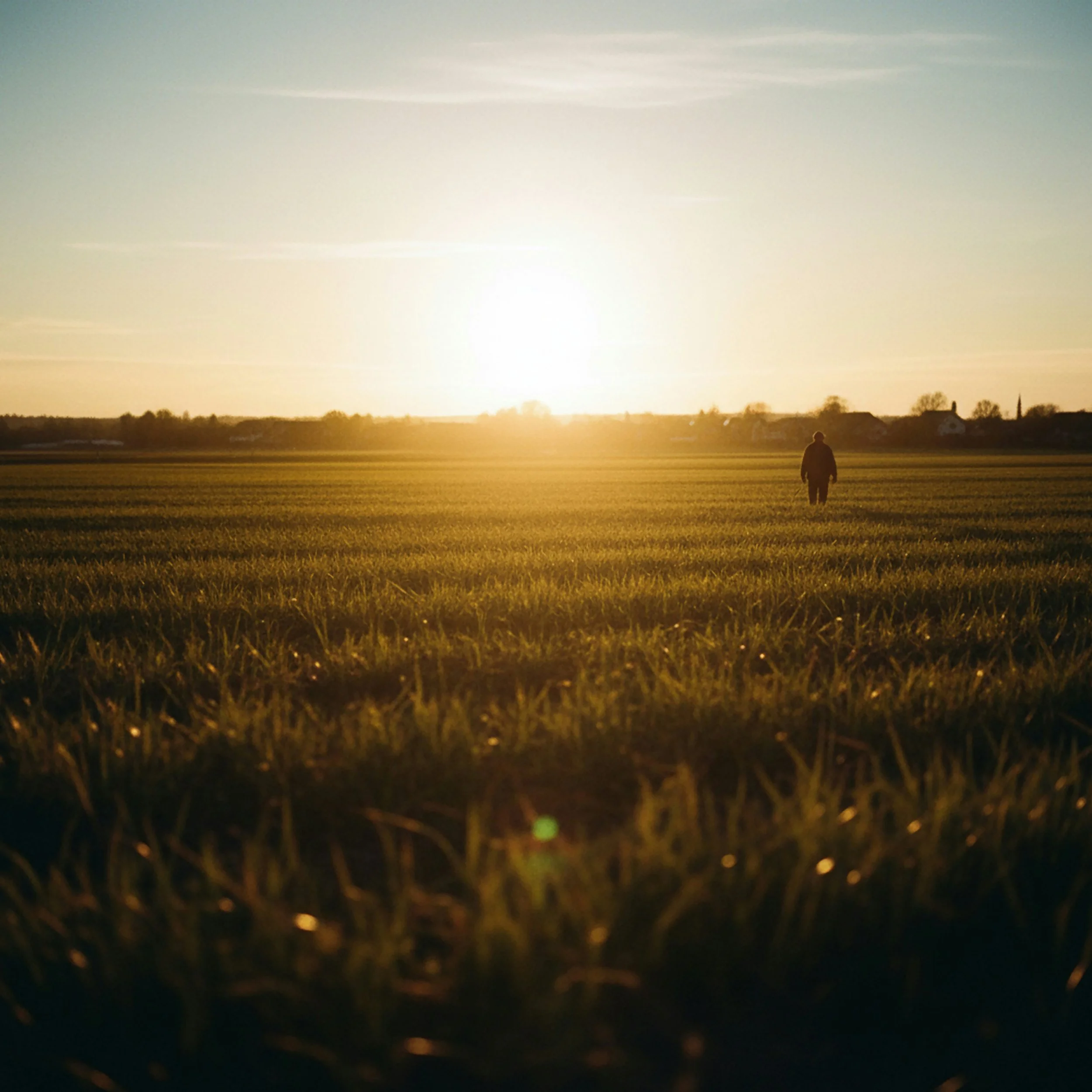 A person standing alone on a grassy field during sunset, with the sun low on the horizon and the sky a mix of soft colors.