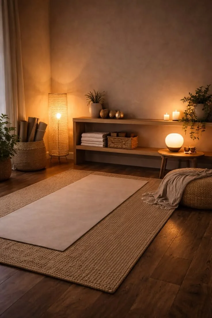 Calm wellness space with candles, yoga mat, and plants representing mindfulness, nervous system regulation, and holistic healing.