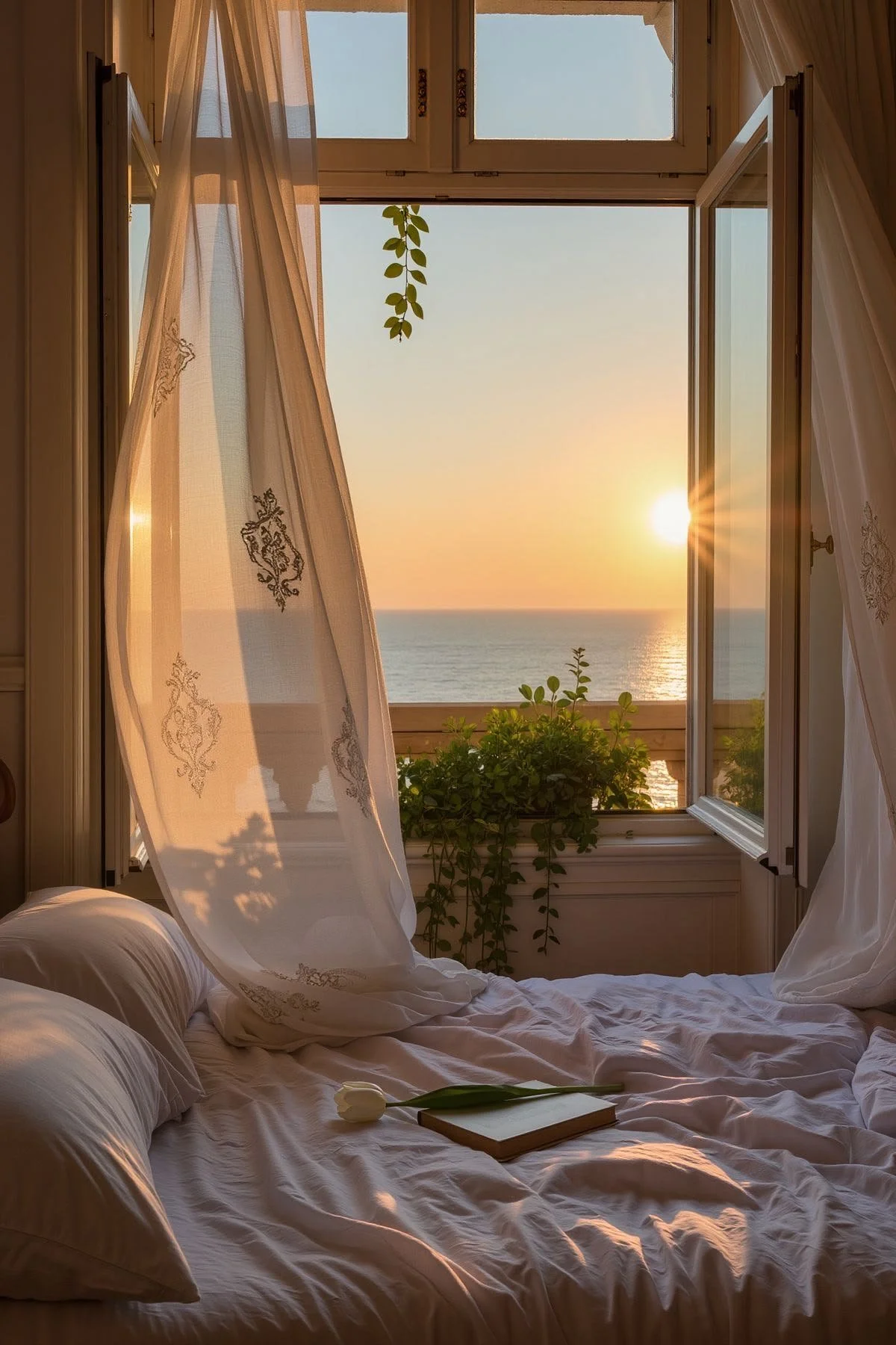 Peaceful ocean sunset viewed from a cozy bedroom, symbolizing hope, healing, and new beginnings.