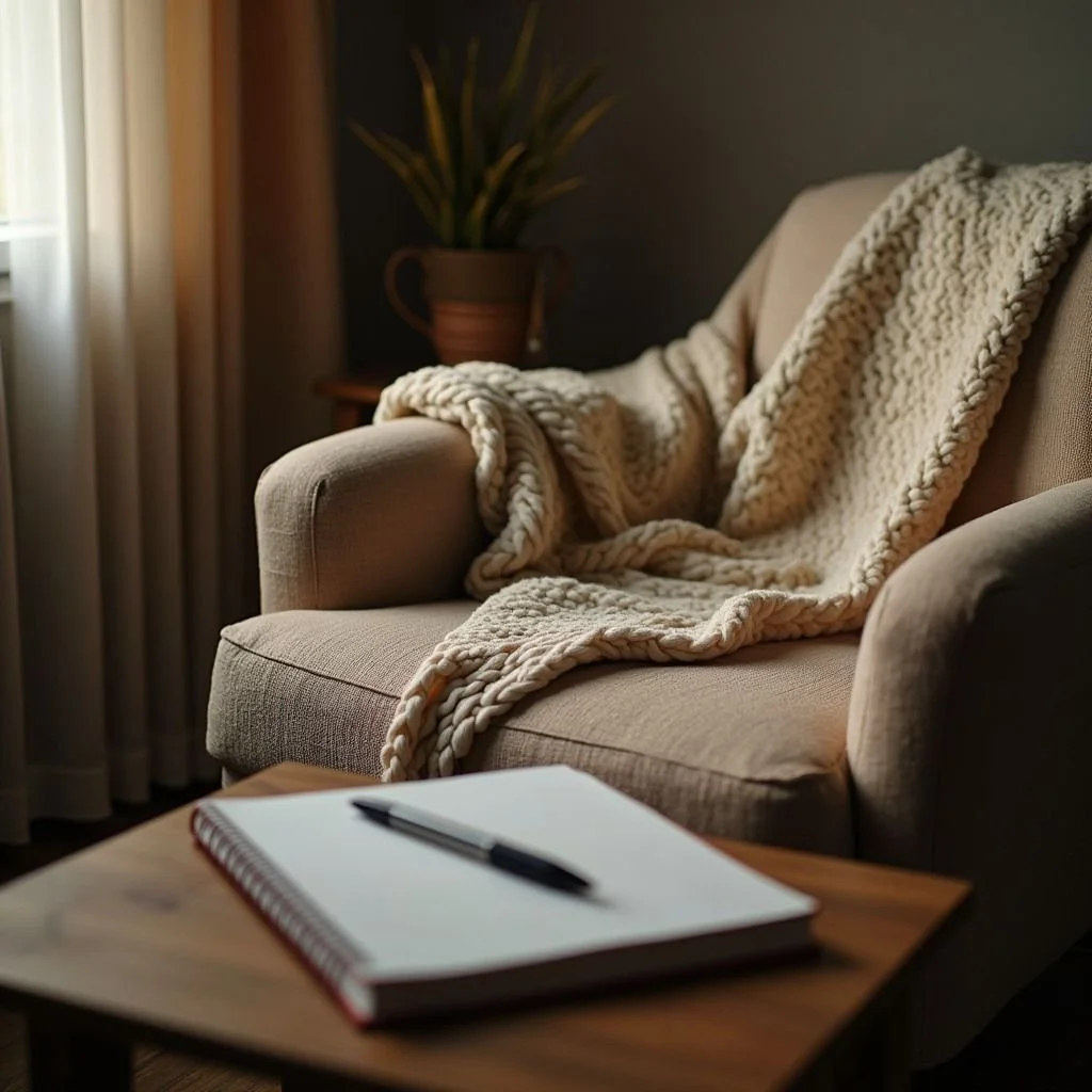Warm, inviting living room with a sofa, blanket, journal, and plants representing comfort, reflection, and emotional healing.