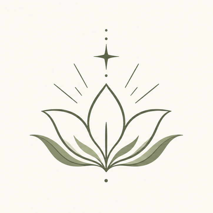 A minimalist line art illustration of a lotus flower with radiating lines and celestial symbols above and below.