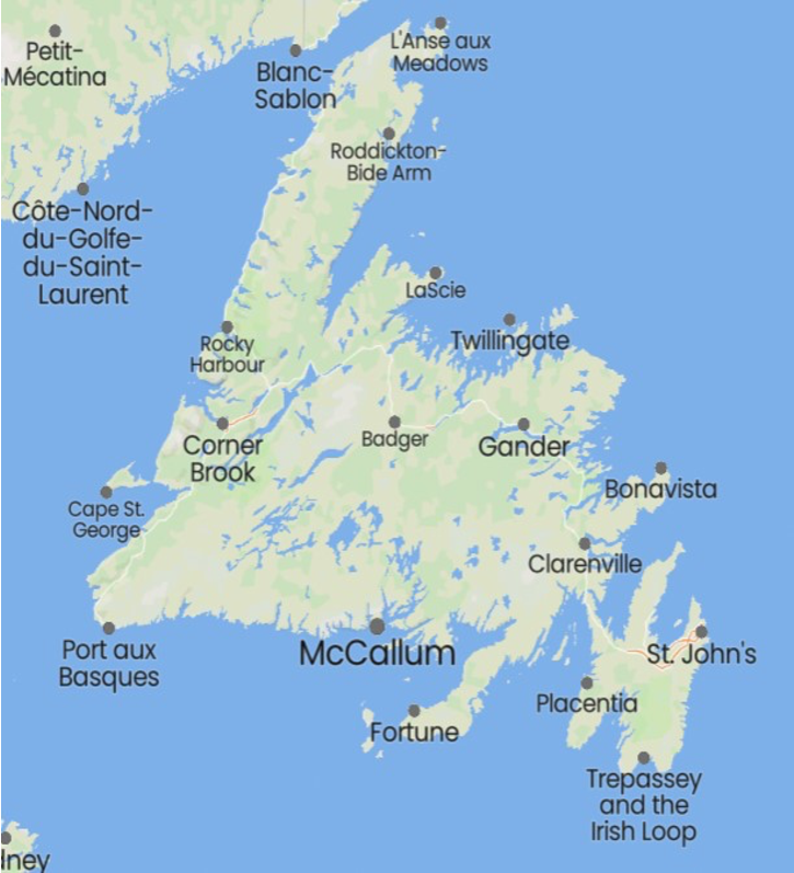 Map of Newfoundland showing sou’west coast including McCallum. The Forgotten Coast stretches from Port aux Basques to east of McCallum.