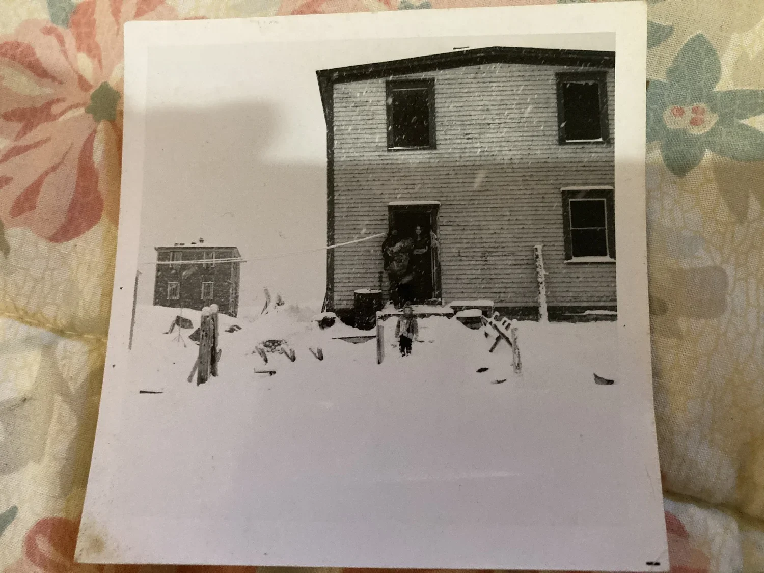 Our first winter in Pushthrough January 1973; Nicholas in forefront; Brian (holding Colleen) & me in doorway. No windows on house yet (except kitchen).